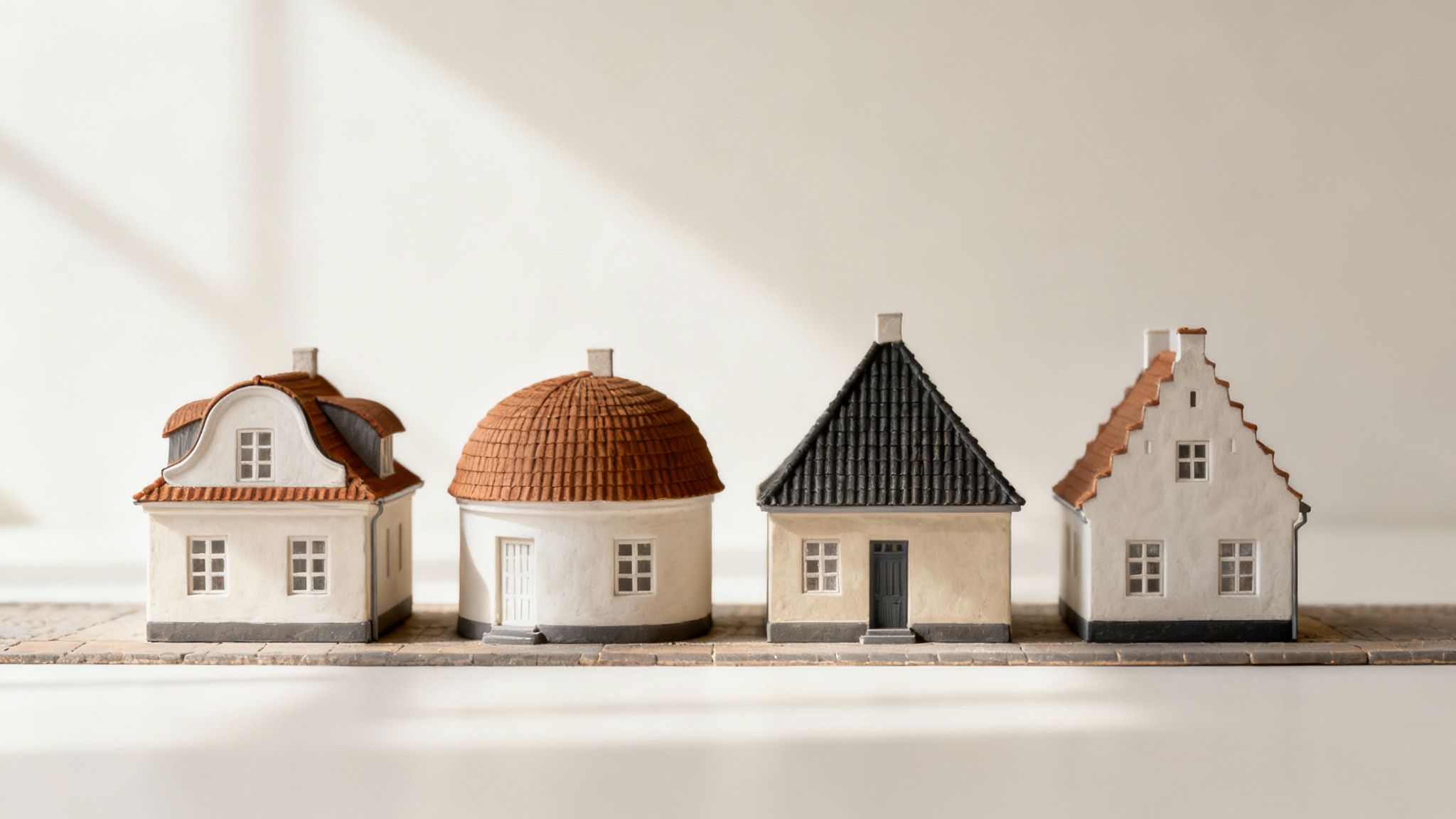 Fire detaljerede miniaturehuse med varierende arkitektur og tagtyper, inklusive en med kvist, pænt opstillet på en række.