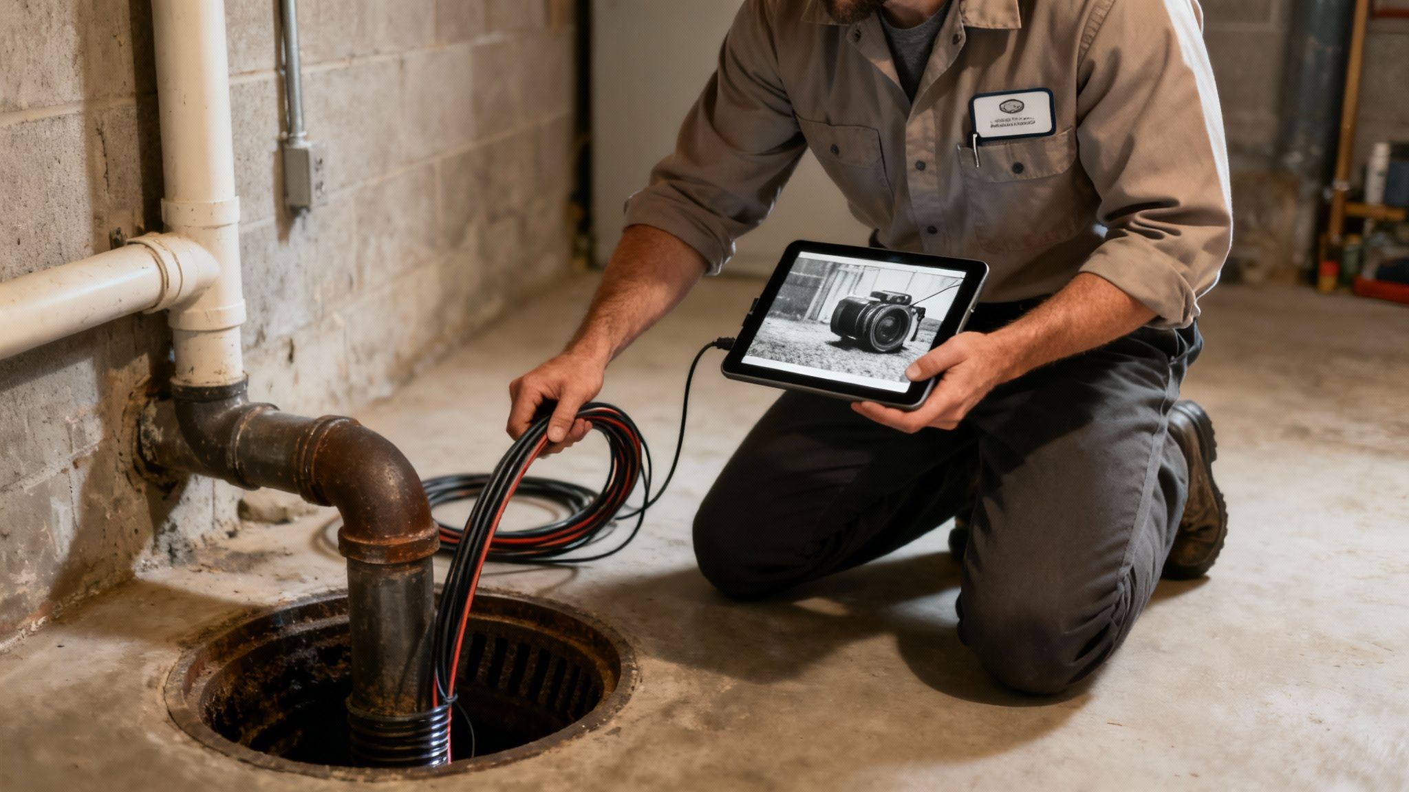 En husejer inspicerer sin rene og tørre kælder efter installation af et højvandslukke