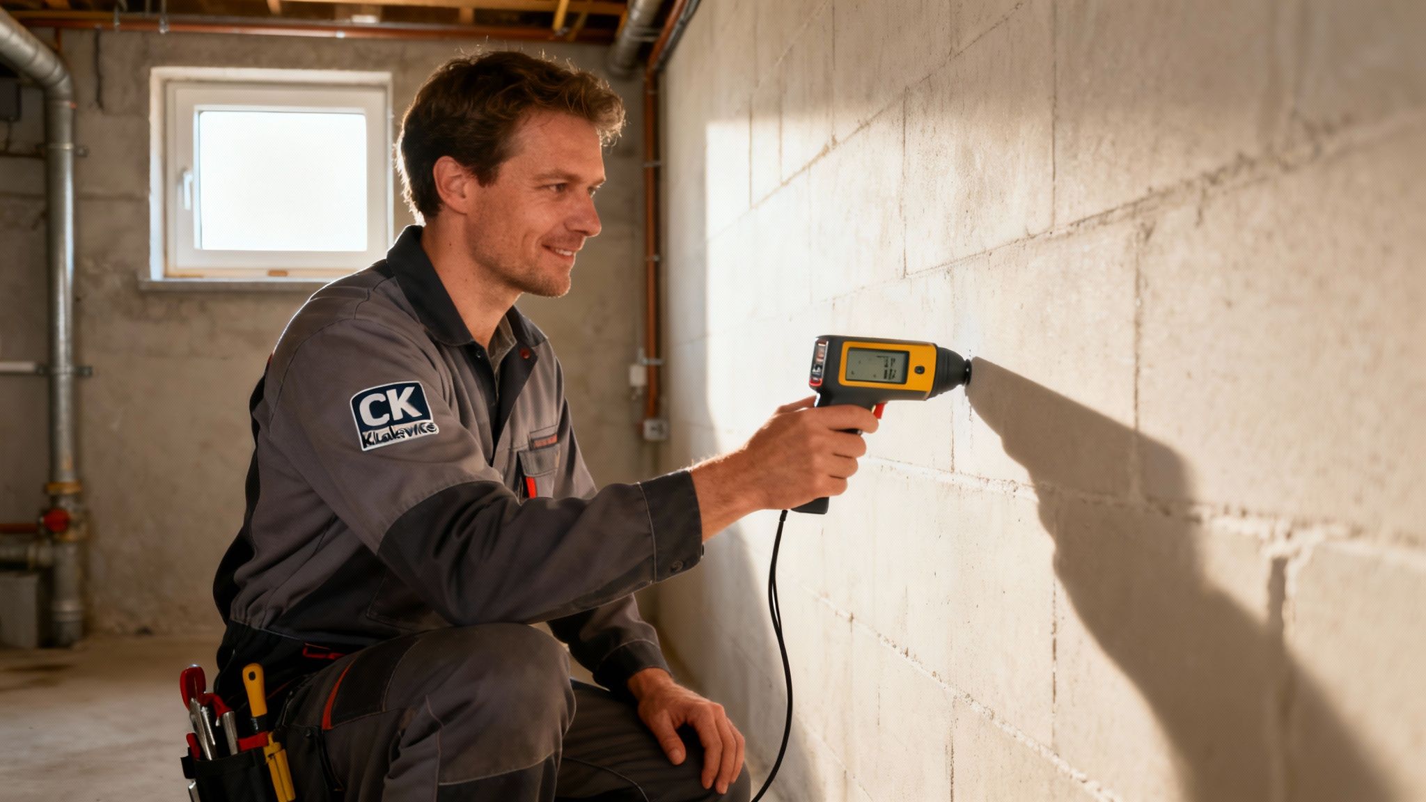 Mand i arbejdstøj måler fugt i en grå kældervæg med et fugtmålingsapparat.