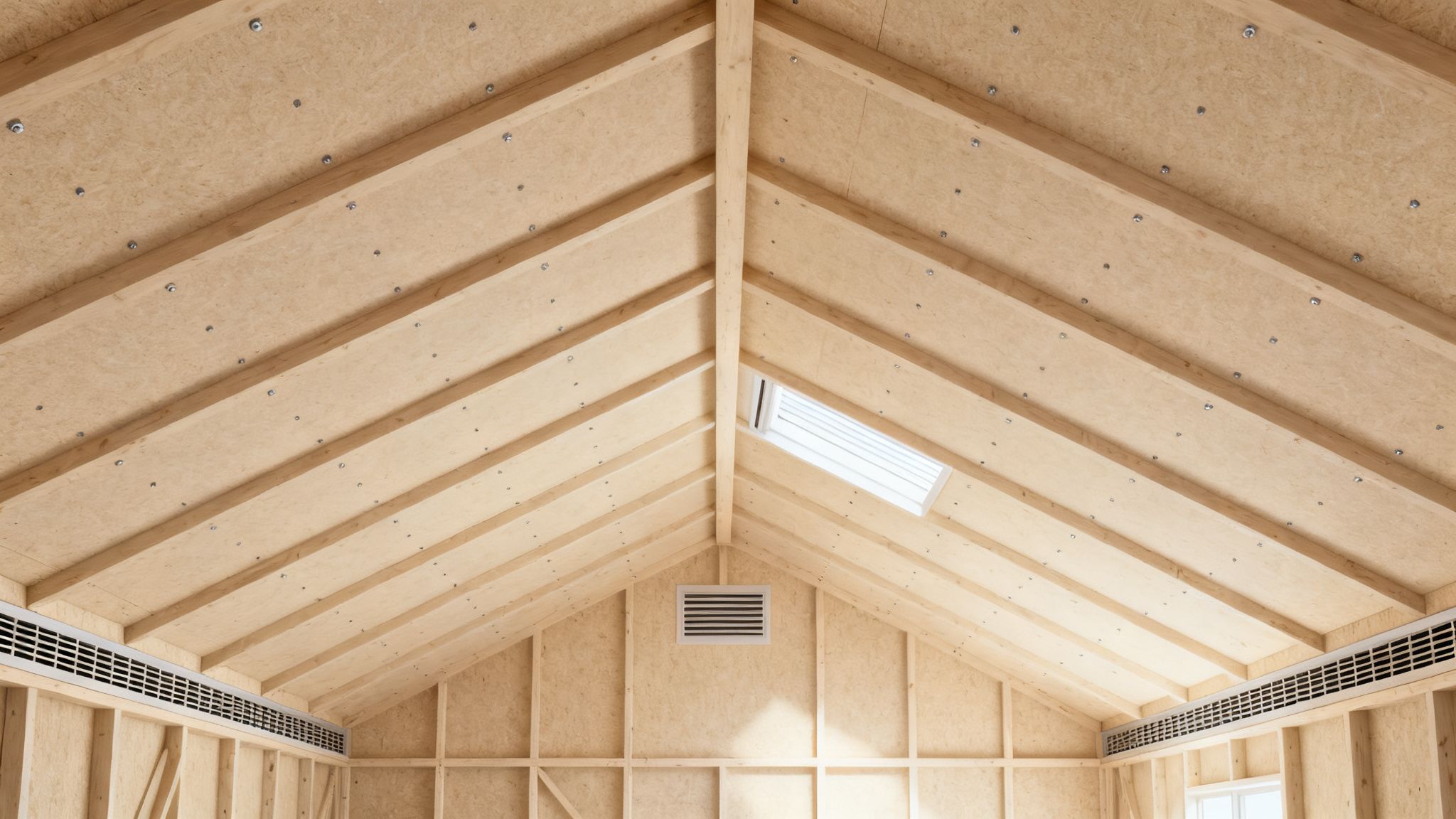 Indvendig visning af en trætagkonstruktion med synlige spær, OSB-plader, ovenlys og ventilationsriste.