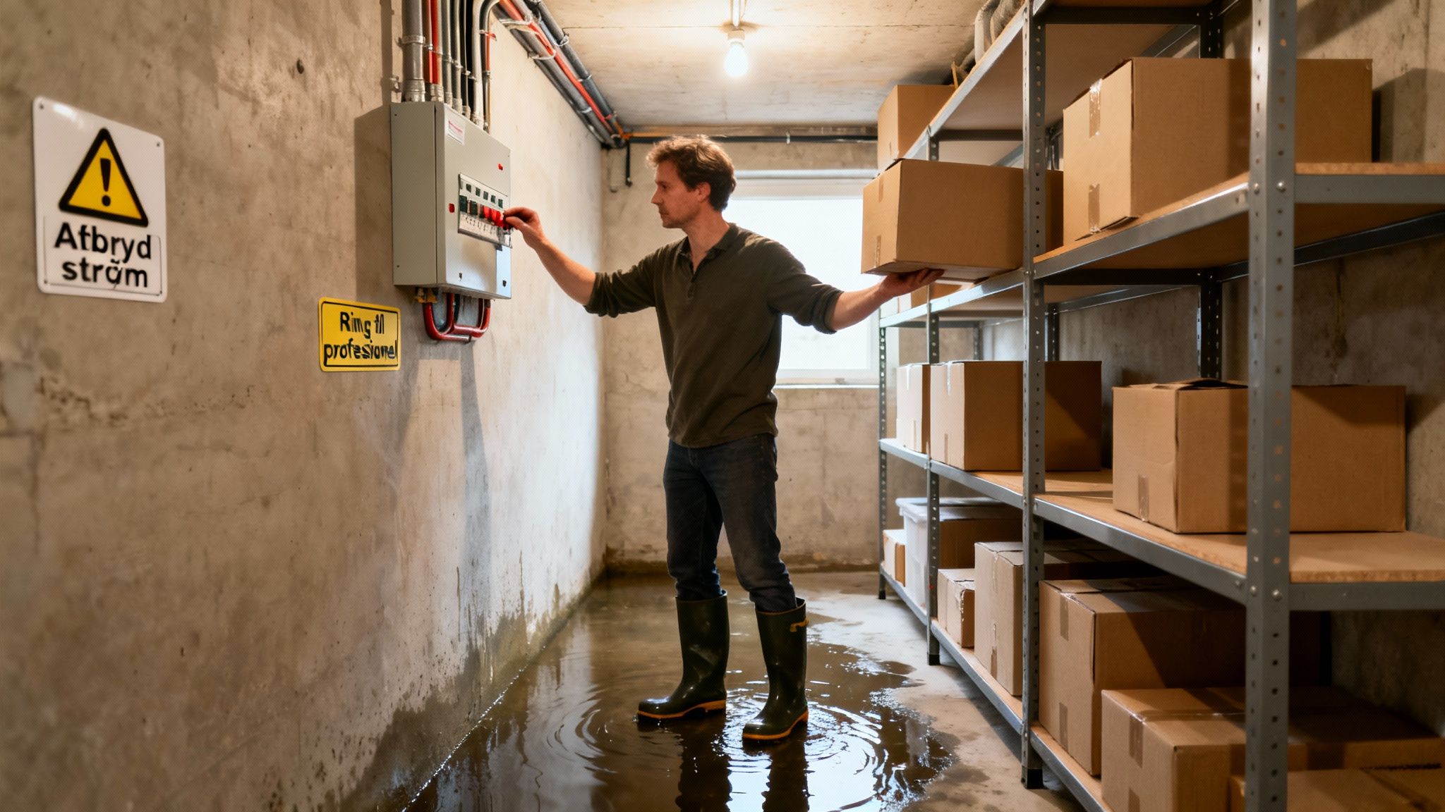 Mand i gummistøvler slukker for strømmen i en oversvømmet kælder med advarselsskilte.
