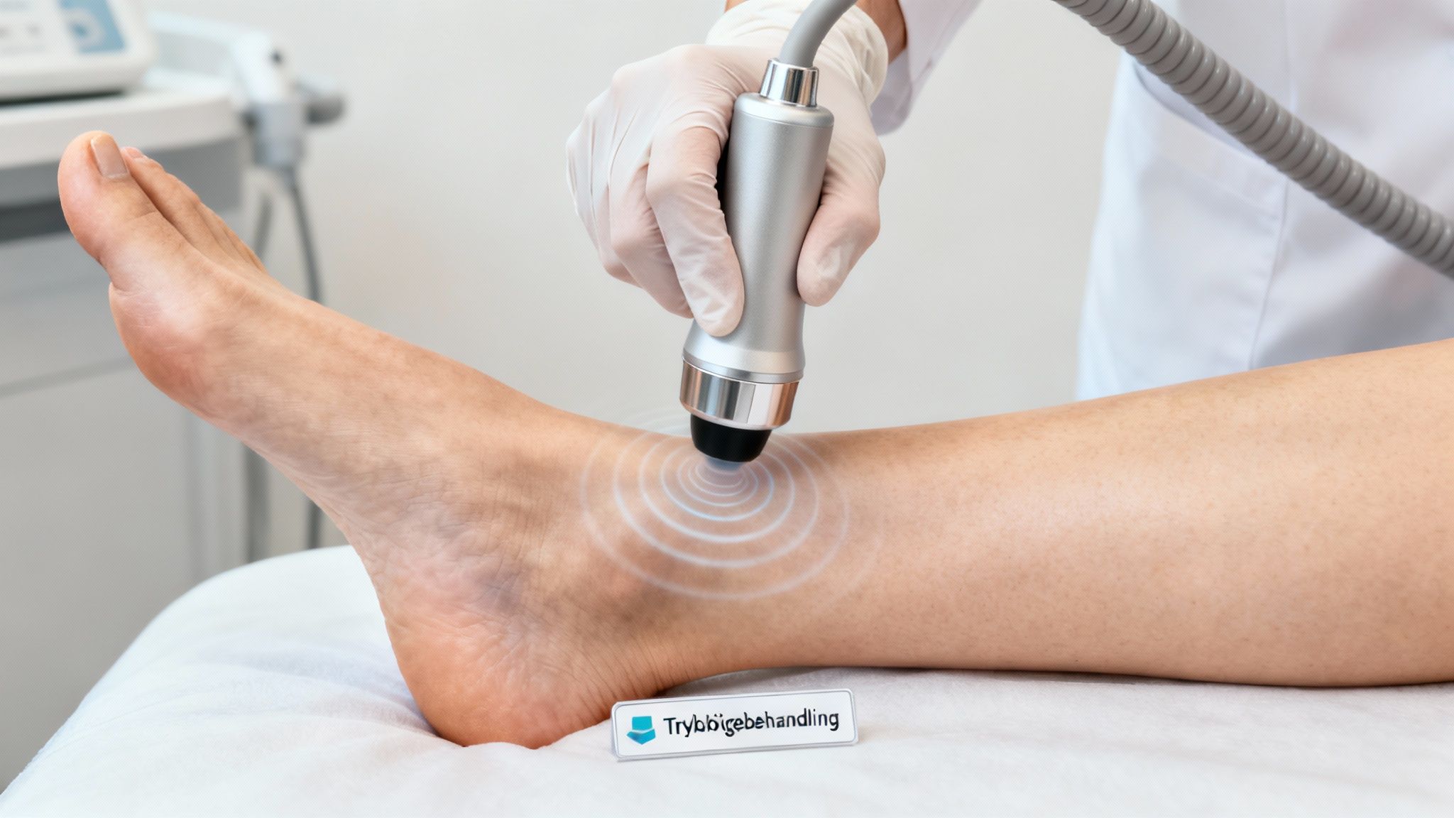 Fagperson udfører trykbølgebehandling på en persons ankel med en specialiseret enhed for at lindre smerter.