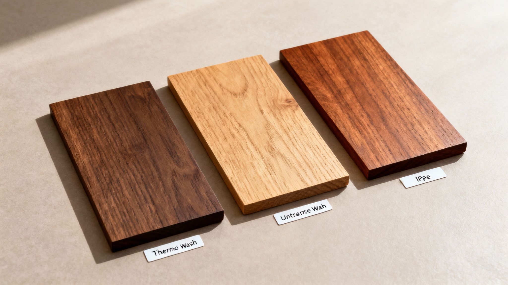 Tre træprøver i forskellige nuancer: 'Thermo Wash', 'Untrance Wash' og 'IPPe' på en lys baggrund.