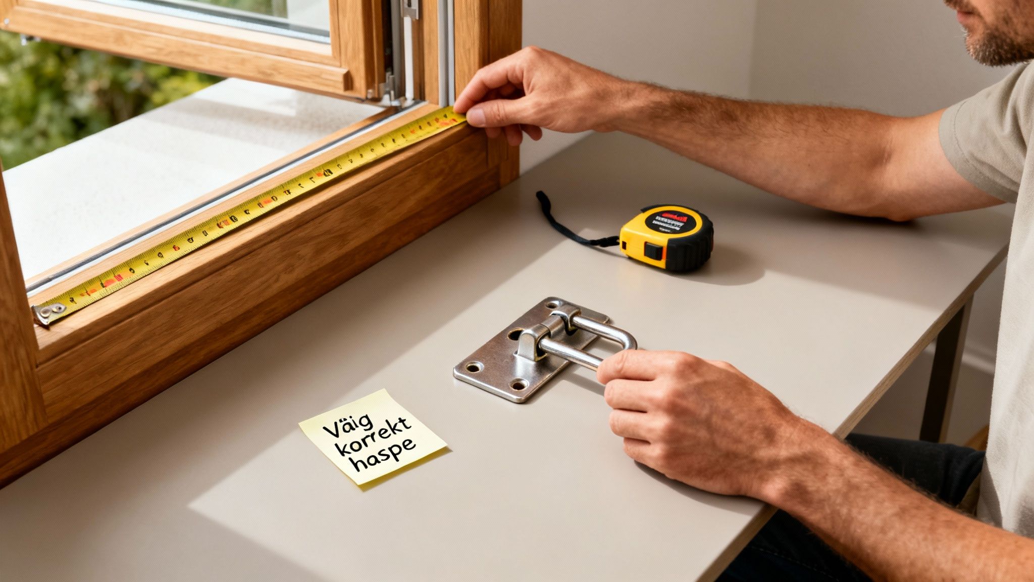 En person måler en vinduesramme med et målebånd. En hasp og et målebånd ligger på et bord.