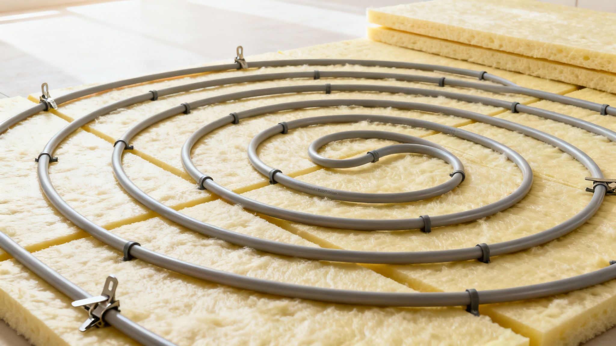 En detaljeret visning af gulvvarmeslanger der bliver lagt i et sneglemønster.