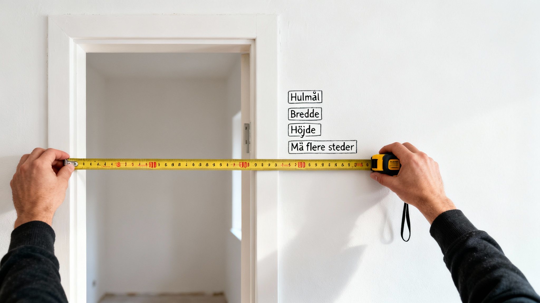 En person måler bredden af en døråbning med et gult målebånd.