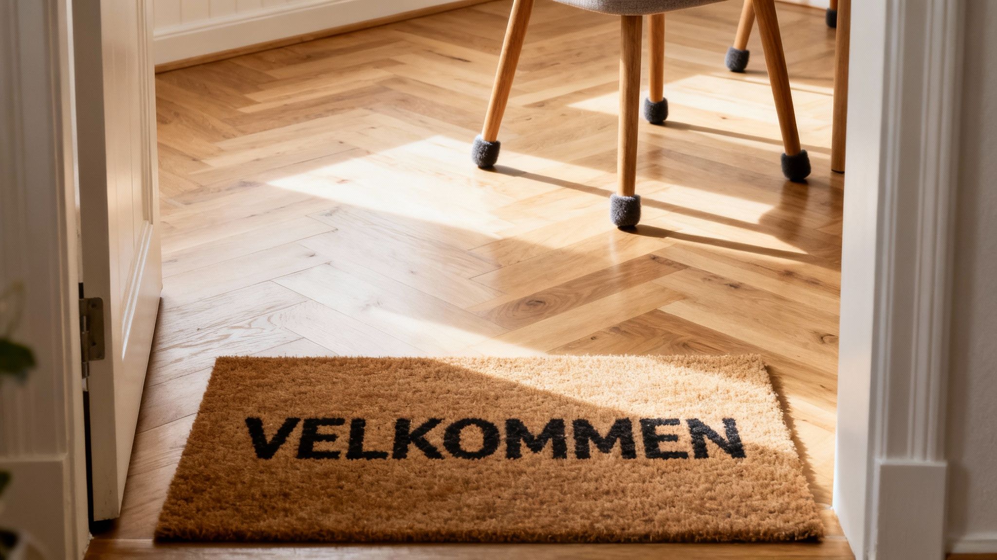 Velkommen måtte på lyst sildebensparketgulv med sollys og stoleben med bløde gulvbeskyttere.