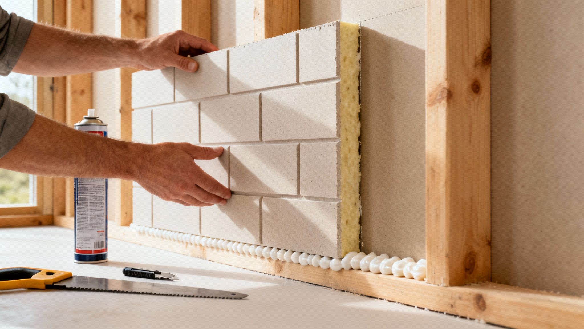 En håndværker er ved at montere en isoleringsplade på en træskeletvæg