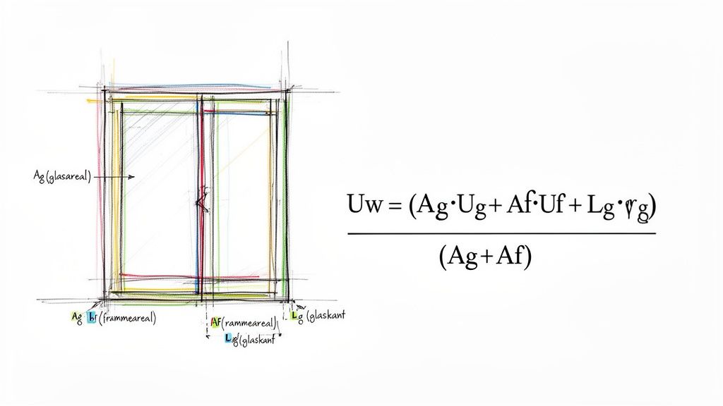 Diagram af et vindue, der viser glasareal, rammeareal og glaskant, med tilhørende formel for Uw-værdiberegning.
