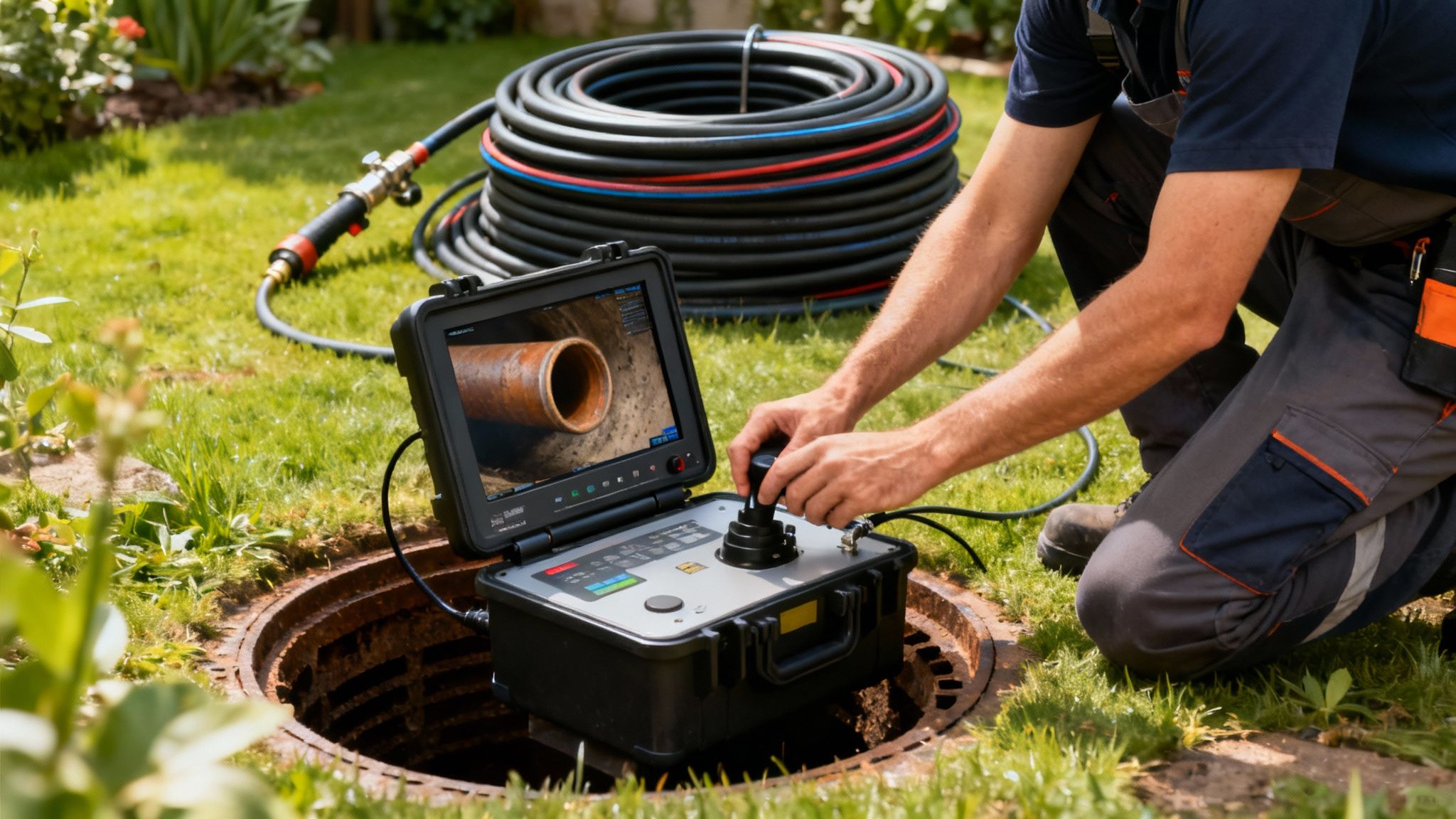 En kloakmester i arbejde med professionelt udstyr