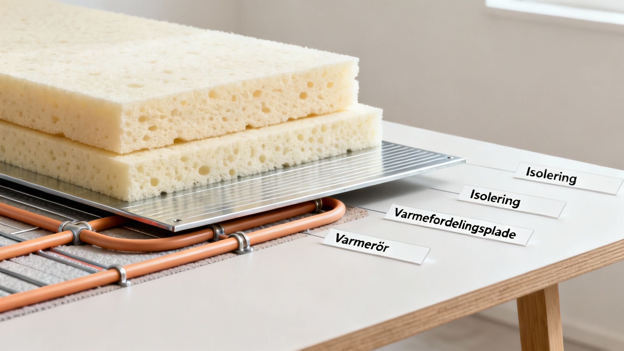 Detaljeret illustration af et gulvvarmesystem med isolering, varmefordelingsplade og varmepiber i lag.