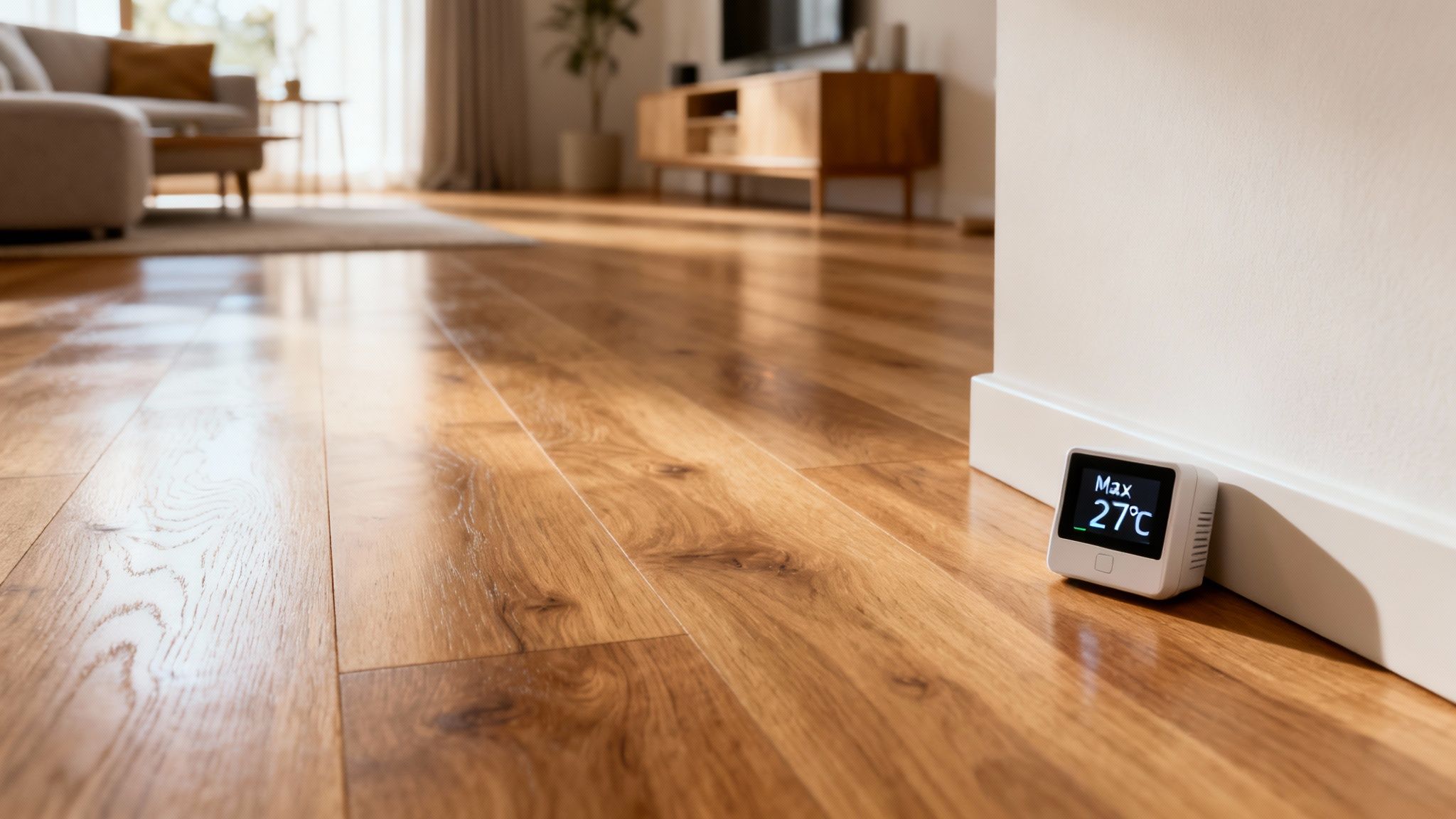 Et moderne rum med skinnende trægulv og et lille smart termostat, der viser gulvvarme temperaturen.