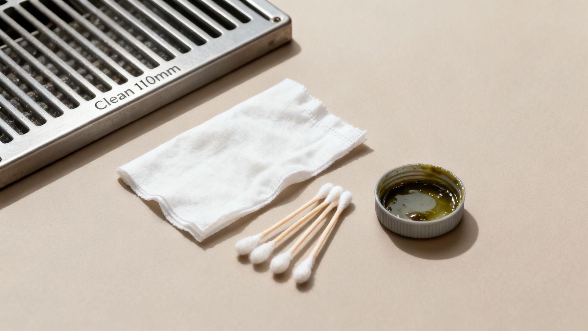 Værktøj til rengøring af rottespærre, herunder en klud, vatpinde og grøn pasta.