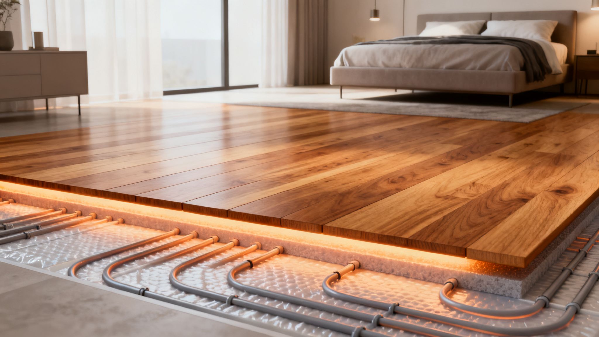 Et nylagt trægulv i en lys stue, der er klar til gulvvarme.