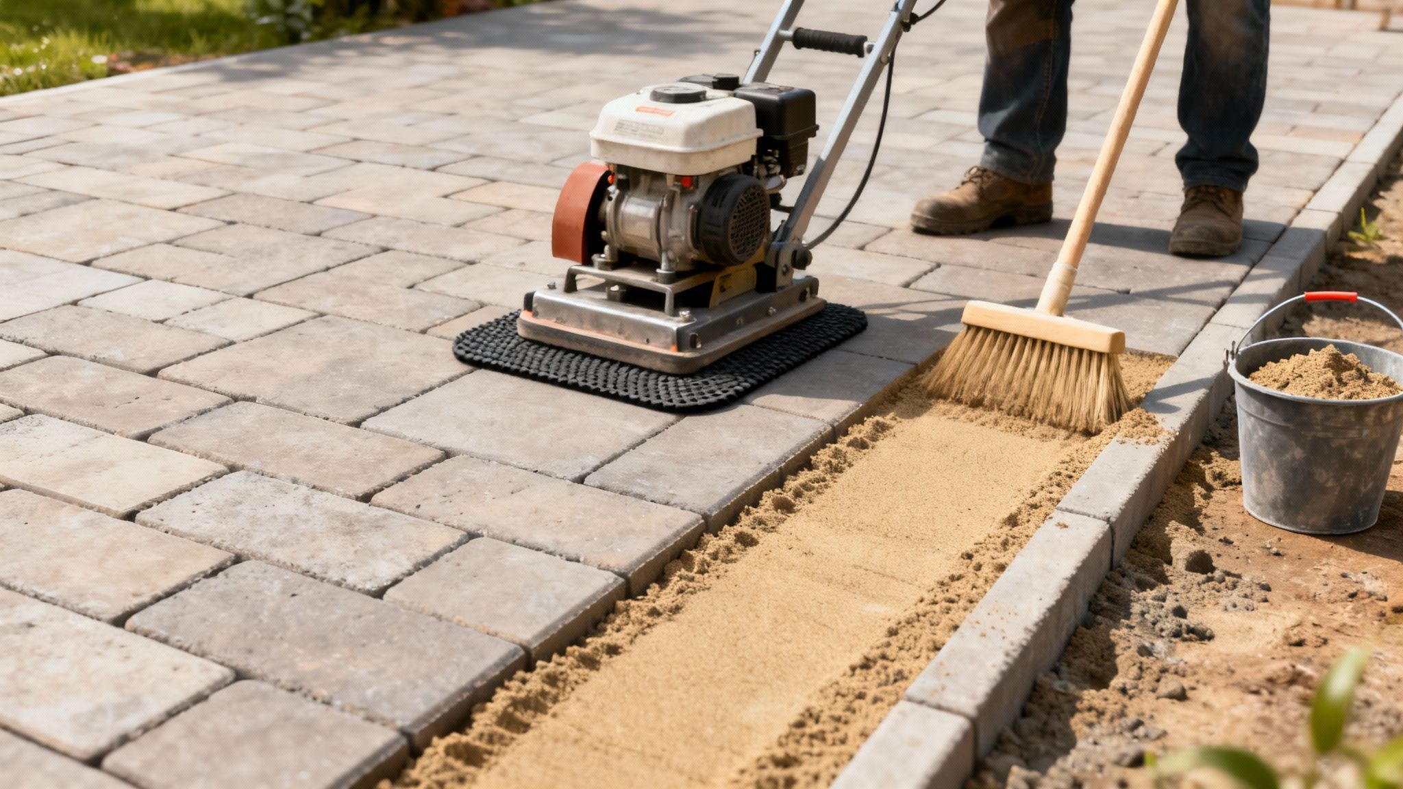 En person lægger fliser i en indkørsel eller terrasse, bruger en pladevibrator og fejer sand ned i fugerne.