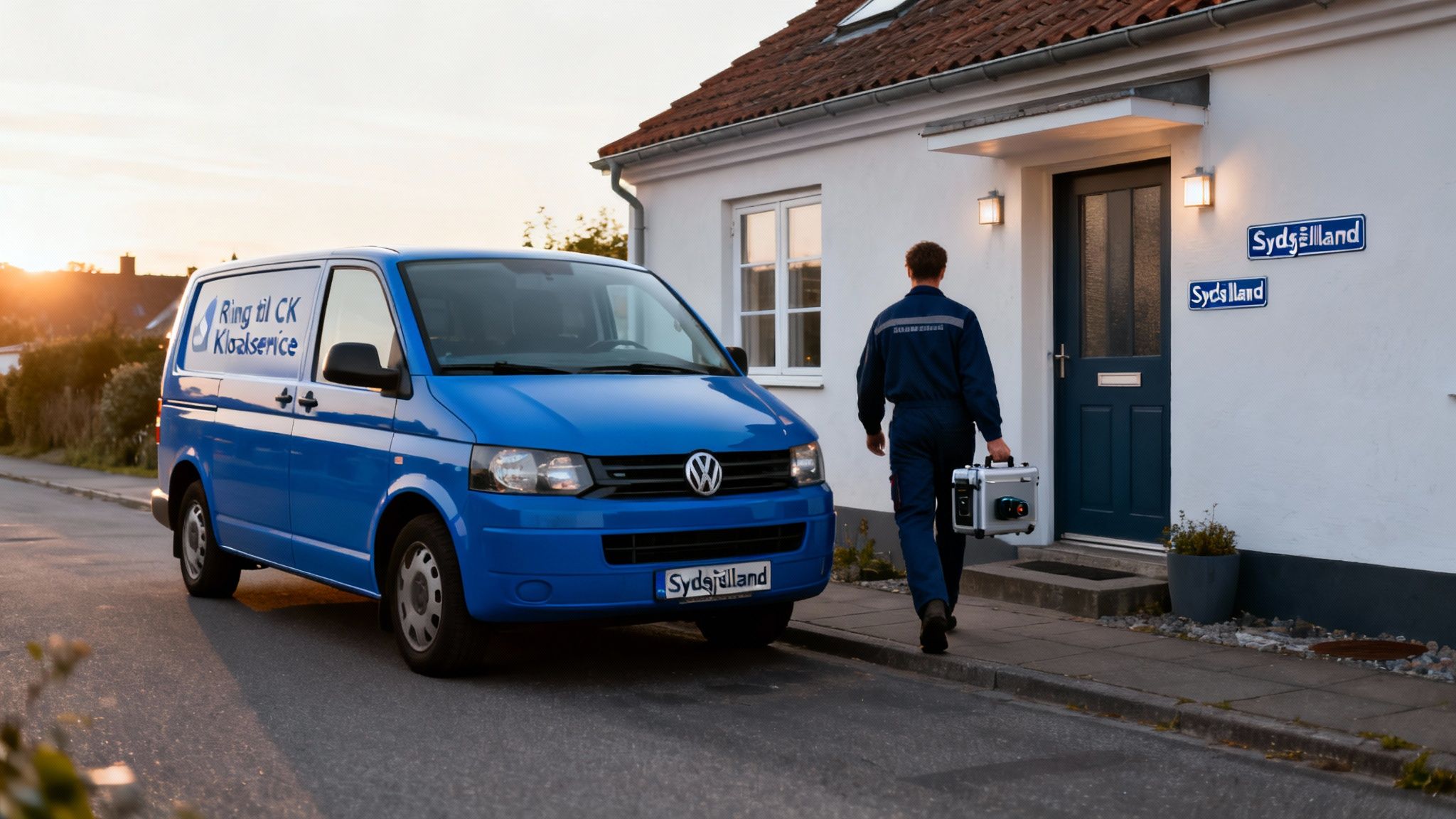 Blå servicevogn og tekniker med værktøj går mod et hus i solnedgang, klar til kloakservice.