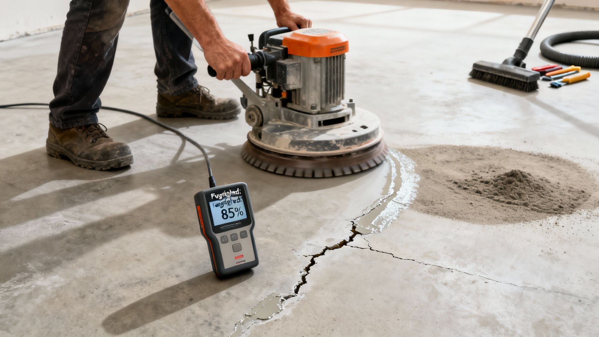 Mand sliber betongulv med en maskine, mens en fugtmåler viser 85%. En bunke støv, revner i gulvet og en støvsuger ses.
