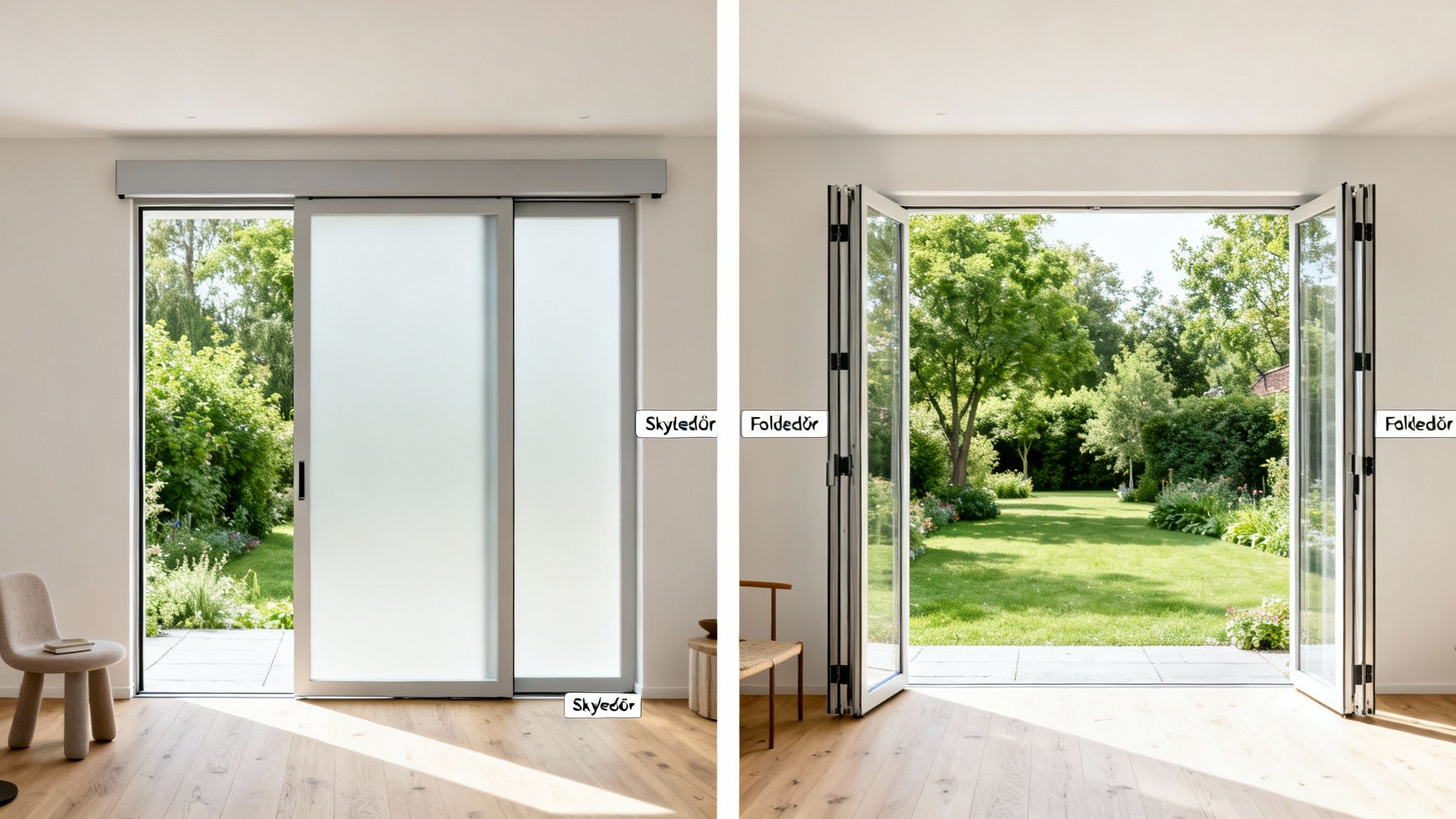 Billede viser forskellen mellem en skydedør og en foldedør, der åbner ud til en frodig have.