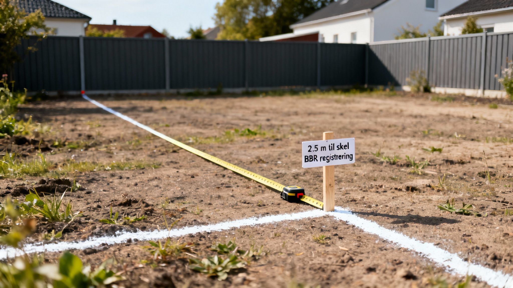 Byggegrund med hvide afmærkninger, målebånd og skilt med information om afstand til skel for BBR registrering.