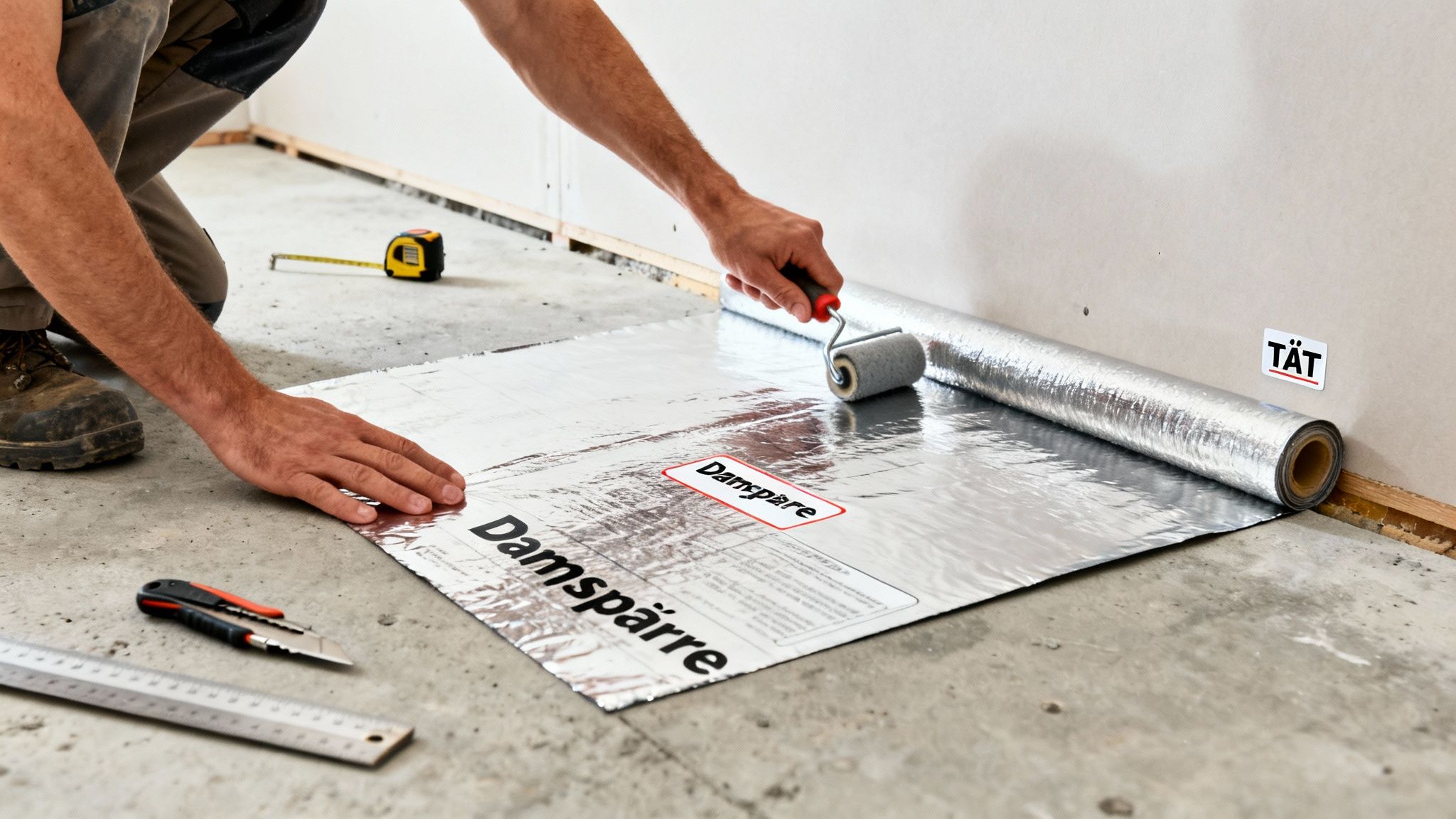 En person installerer en dampspærre på et betongulv ved hjælp af en rulle til at glatte den ud.