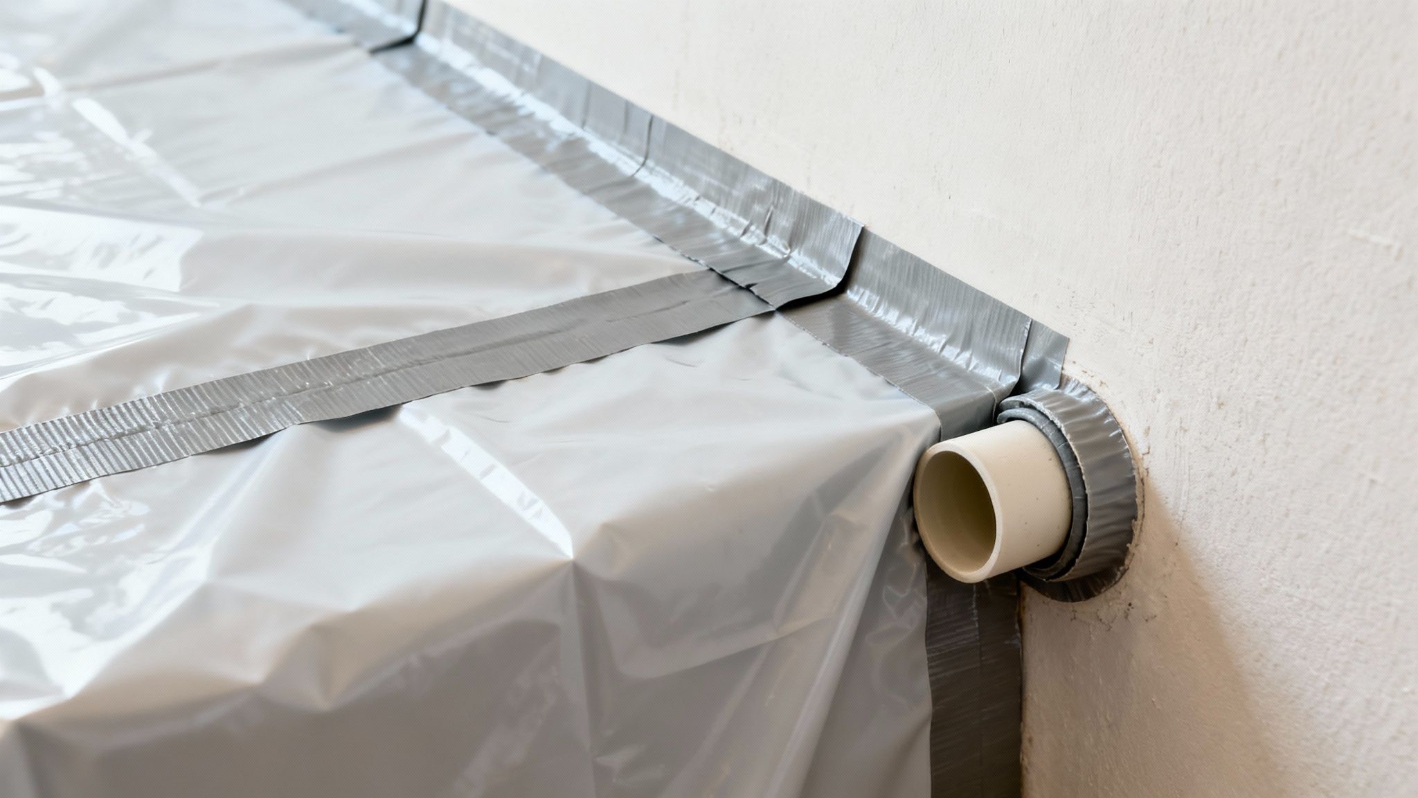 Nærbillede af en dampspærre tapet til en væg med gråt tape, og et hvidt rør forseglet i dampspærren.