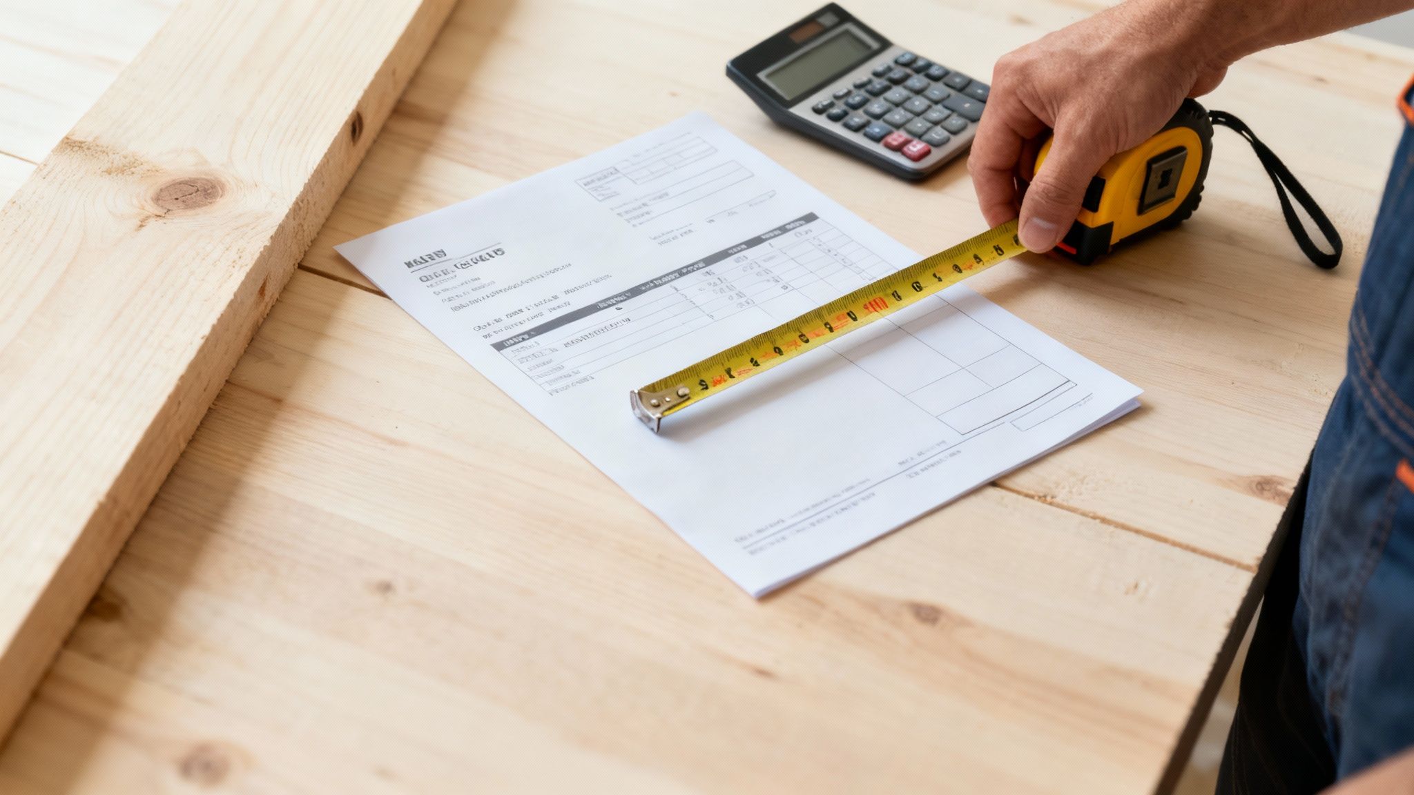 En tømrer i gang med at måle et stykke træ op.