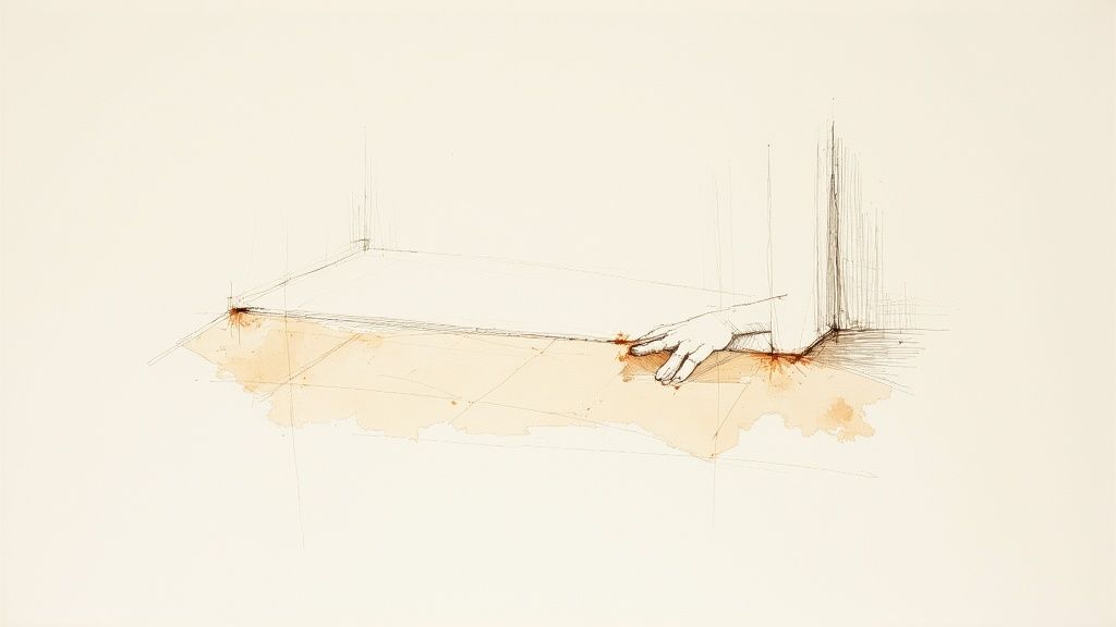 Hånd, der rører ved en linoleum bordplade med arkitektoniske stregtegninger og akvarelpletter.