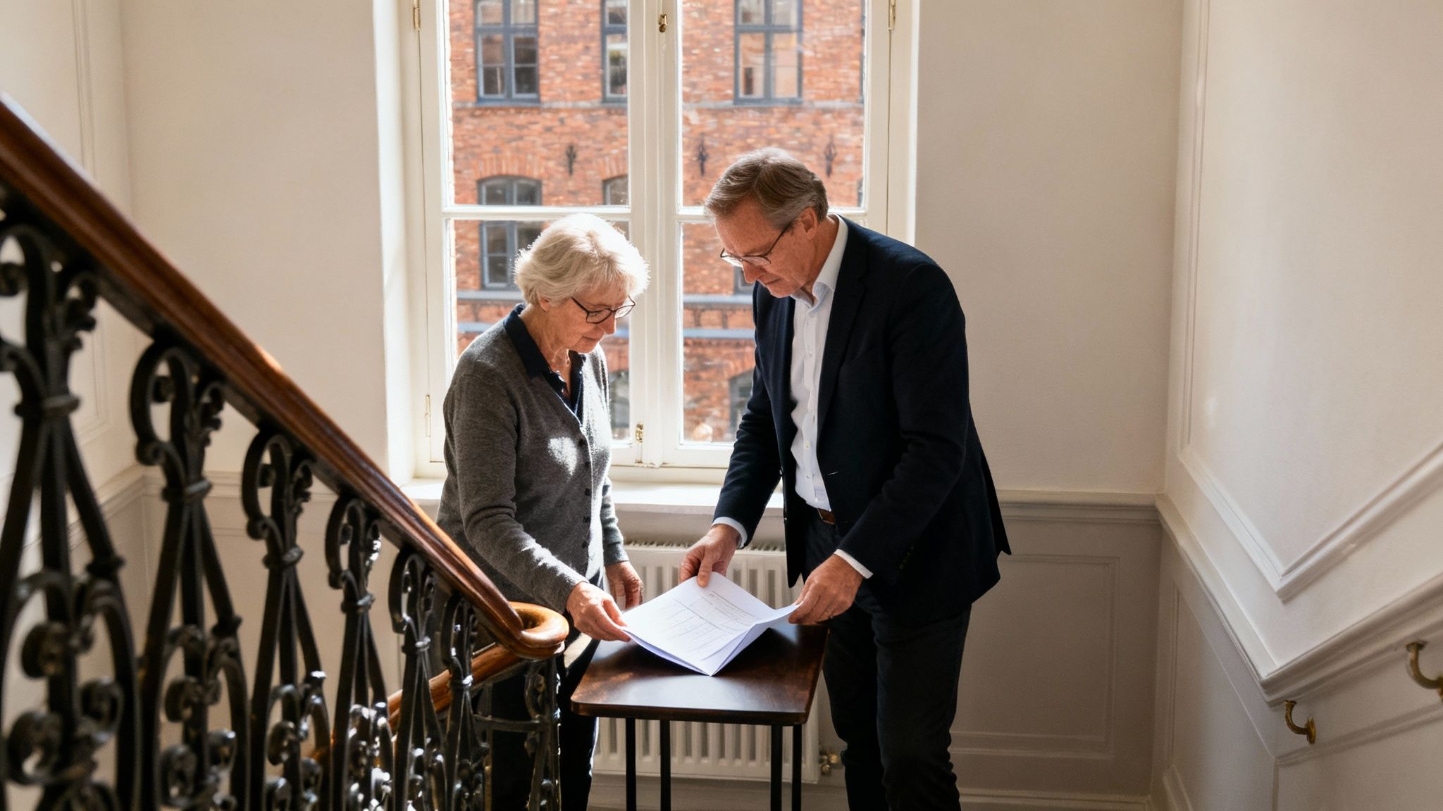 Ældre kvinde og mand gennemgår dokumenter ved et vindue i en trappeopgang.