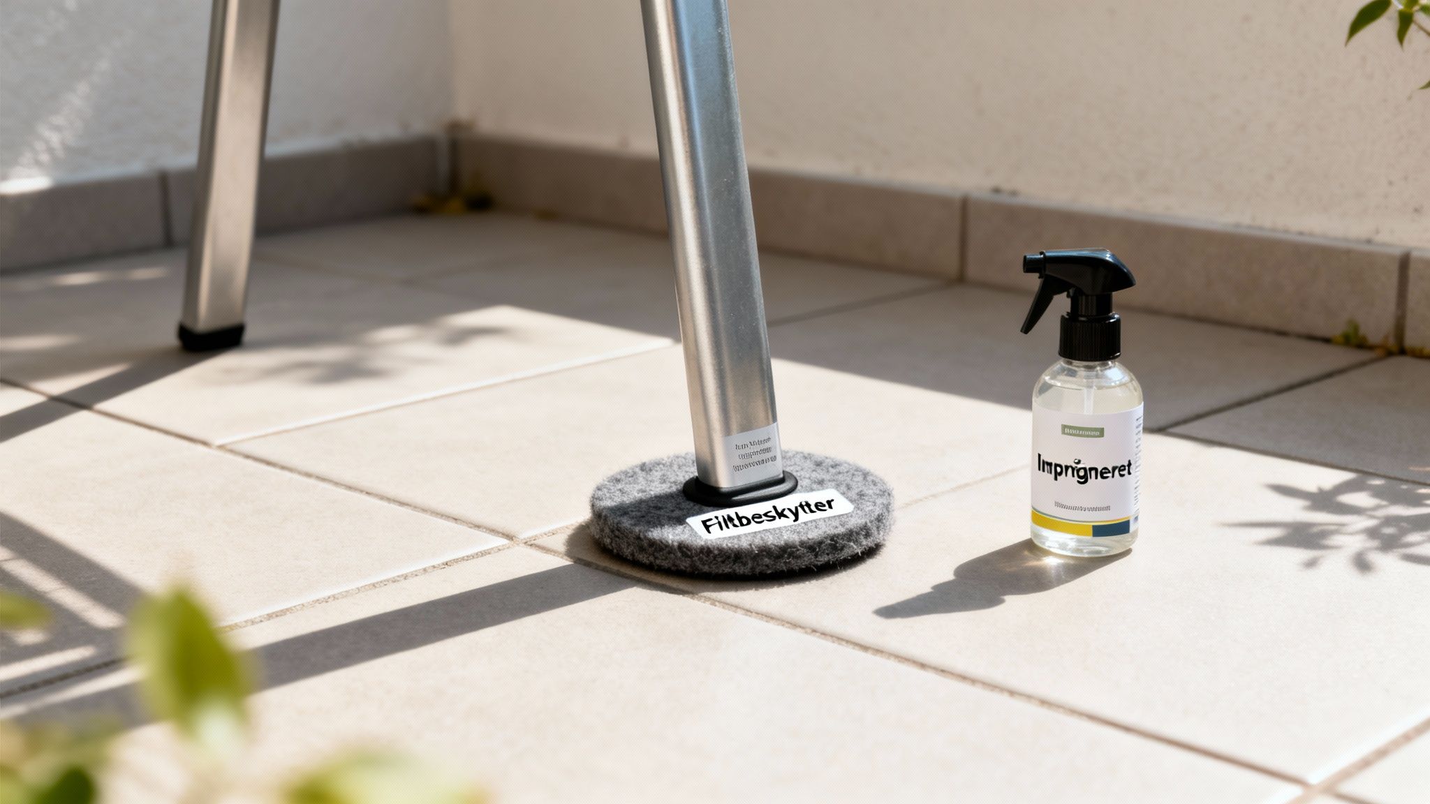 Metalben med filtbeskytter og sprayflaske med imprægnering står på klinker i solskin.