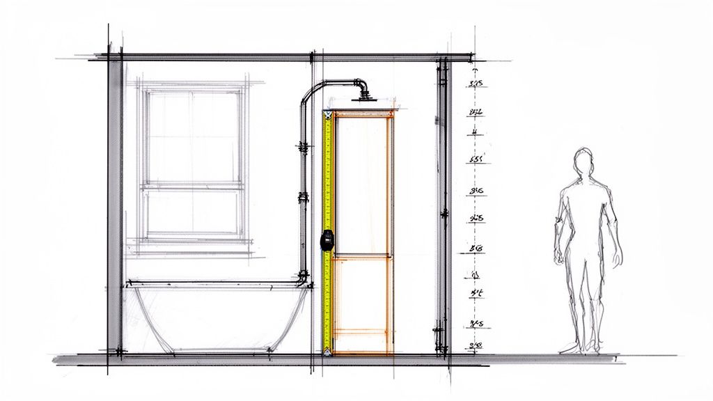 Skitse af badeværelse med badekar, vindue, bruser og smalt skab med målebånd og dimensioner.