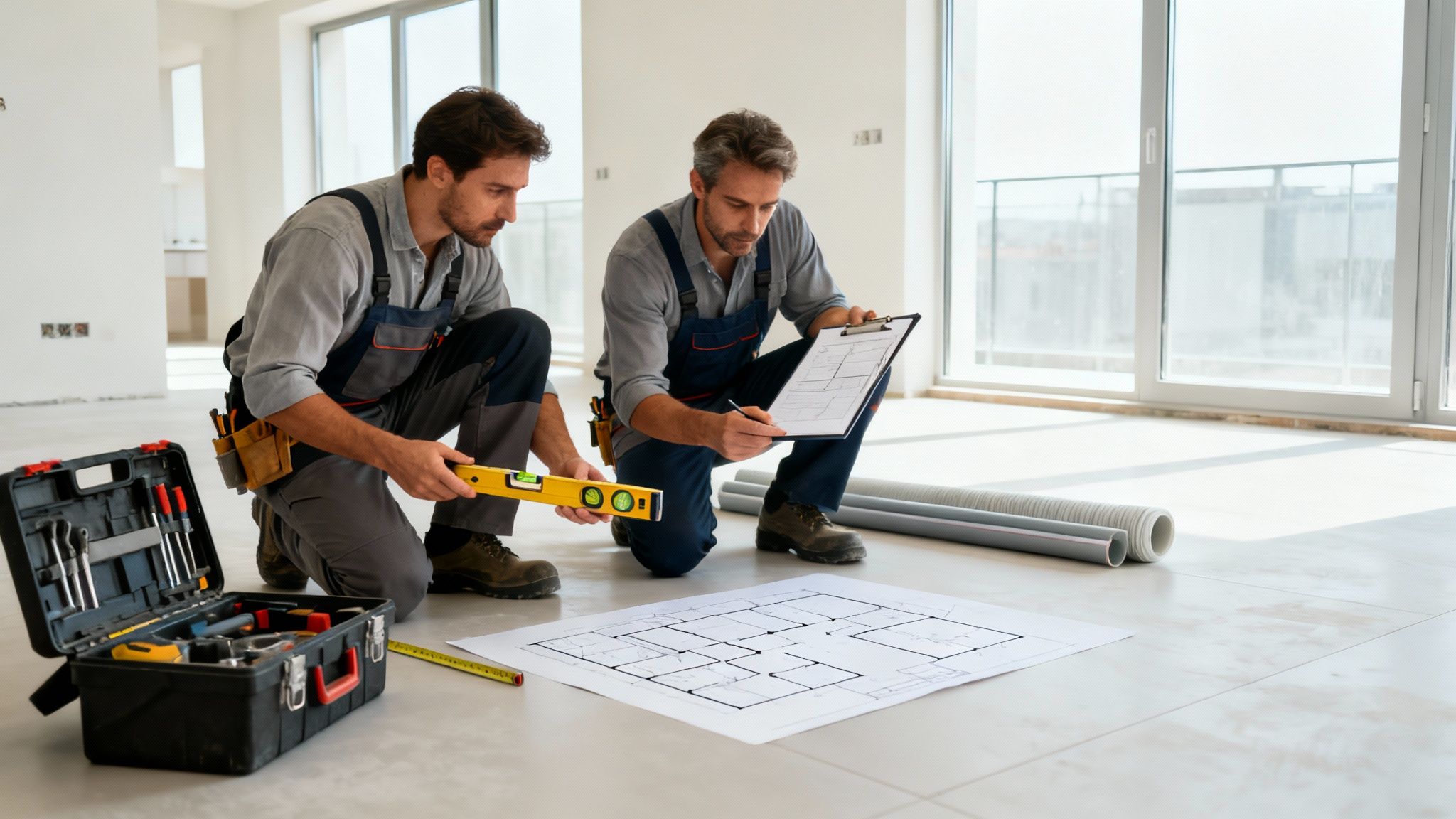 To VVS-installatører gennemgår bygningstegninger på gulvet i et tomt rum under renovering.