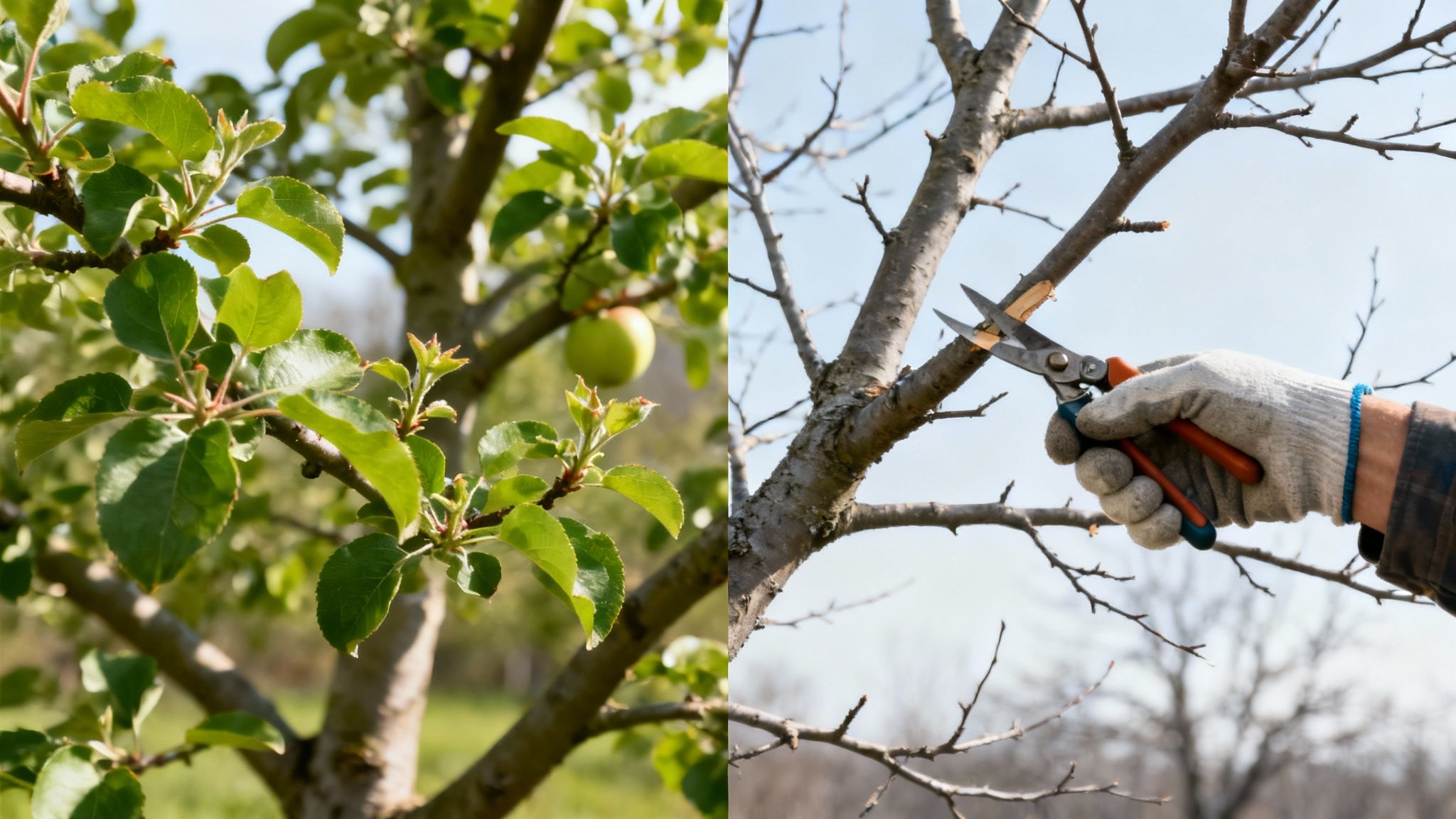 En person beskærer et æbletræ i en solrig have, hvilket illustrerer valget mellem sommer- og vinterbeskæring.