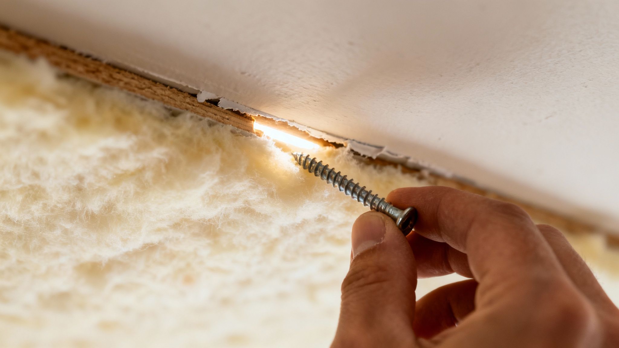 En tømrer, der omhyggeligt måler og tilskærer en gipsplade til et lydisoleret loft, hvilket viser vigtigheden af præcision.