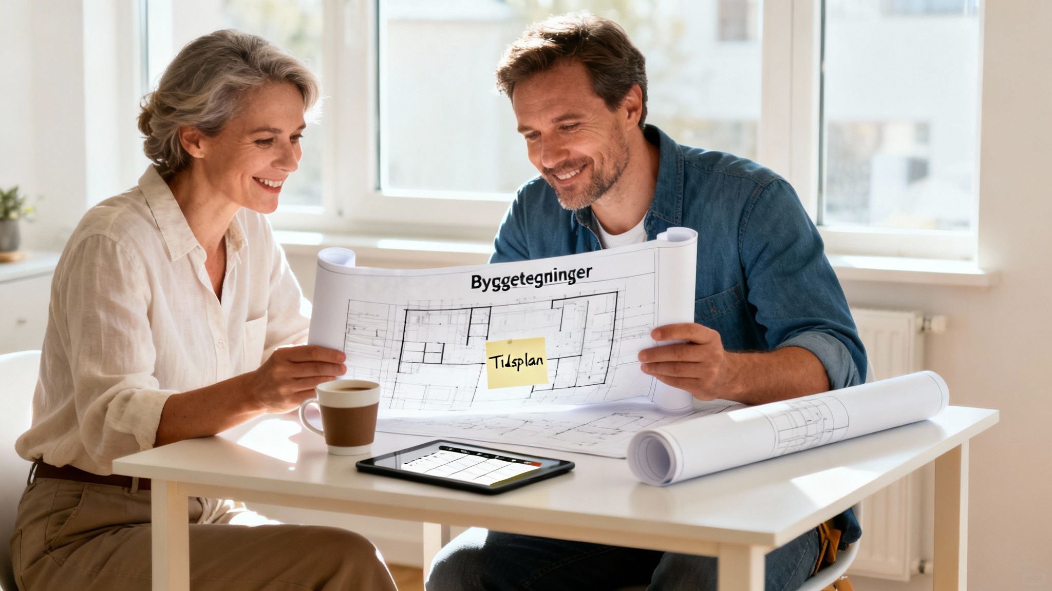 Smilende par gennemgår byggetegninger og tidsplan for deres byggeprojekt på Sjælland.