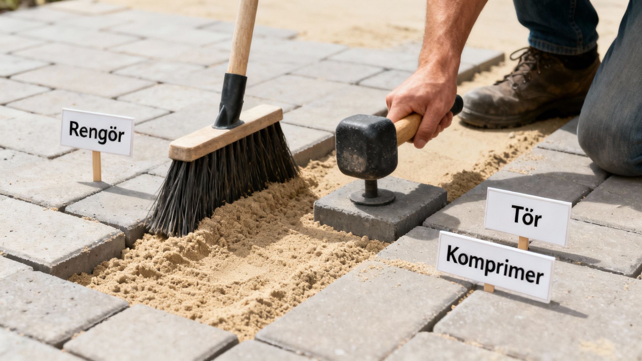 En hånd fejer sand ned i flisefuger og stamper fliserne, en del af en brolægningsproces.