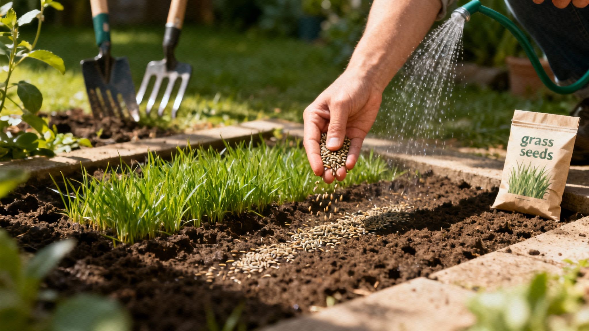 En hånd der spreder græsfrø på forberedt jord.