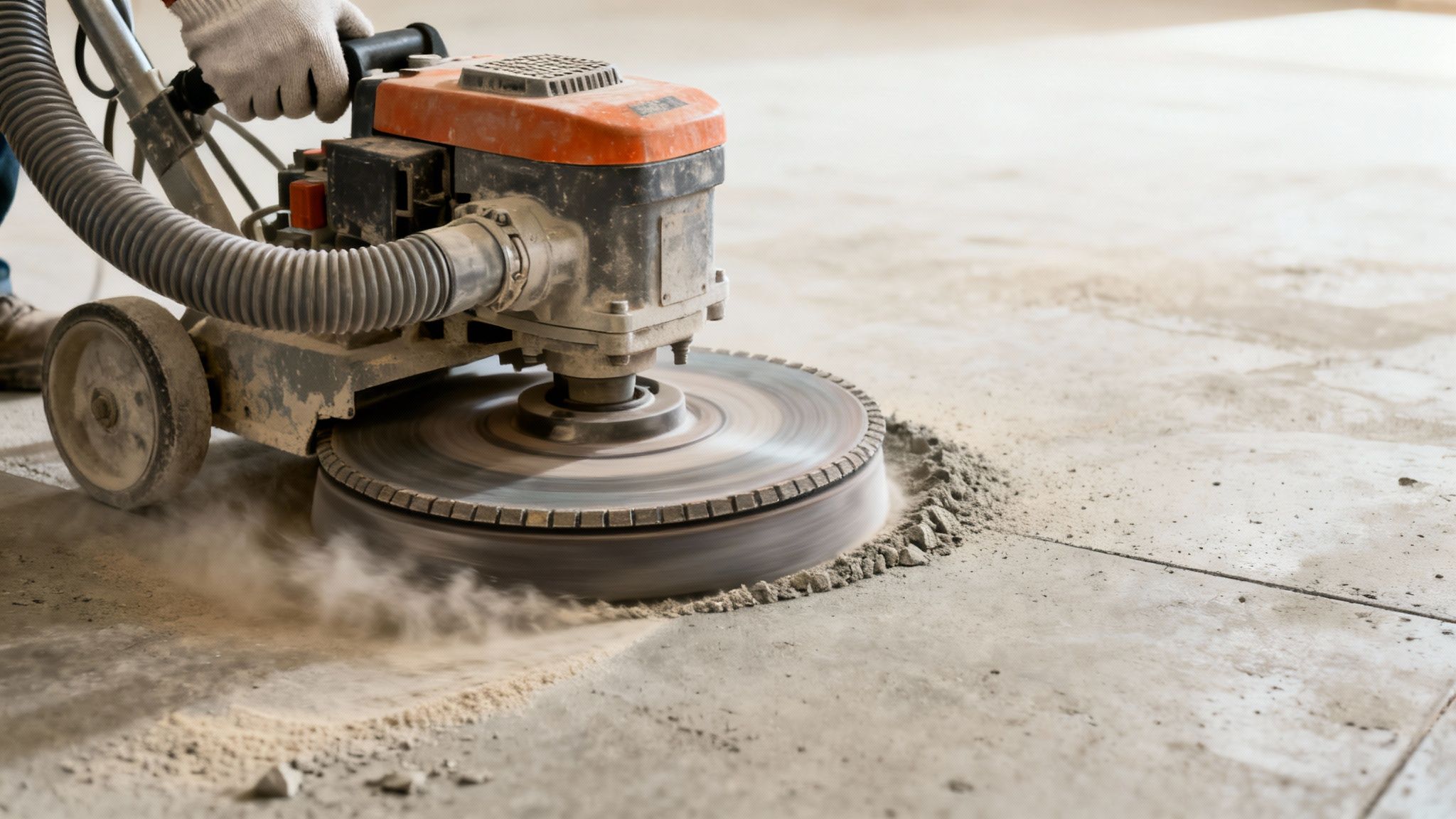 En person i handsker sliber et betongulv med en professionel slibemaskine, der skaber støv.