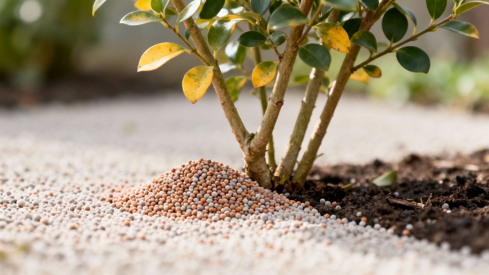 Nærbillede af en lille plante med grønne og gule blade og en bunke granuleret gødning ved dens rod.