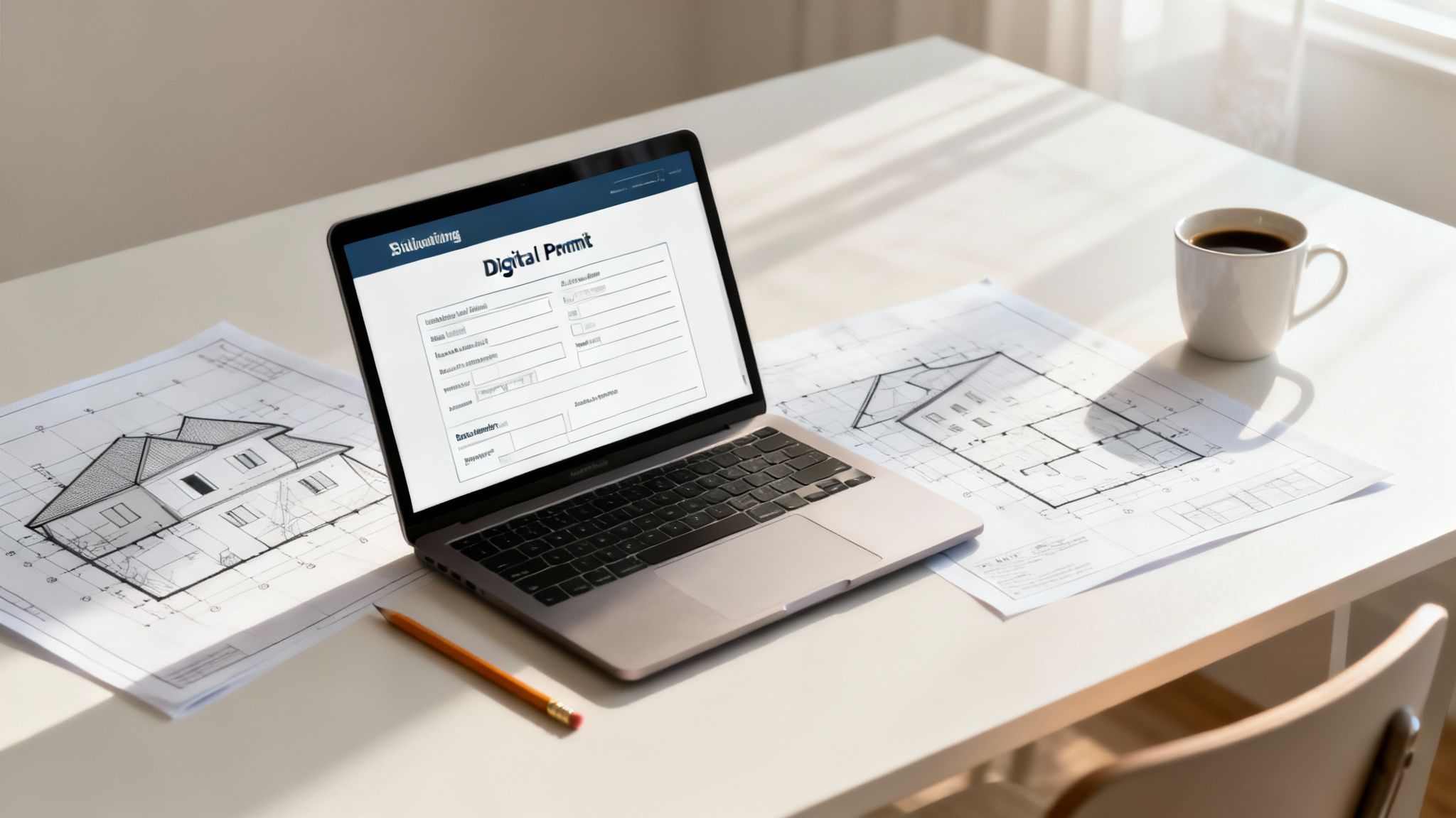 Person der udfylder en digital byggeansøgning på en bærbar computer