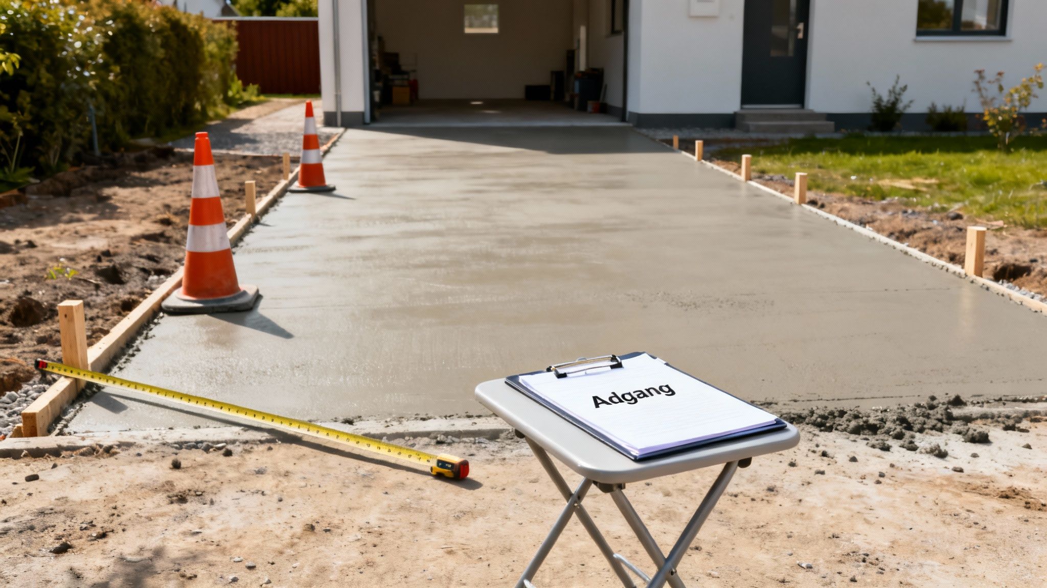 Nyligt støbt betonindkørsel til et hus med afspærringskegler og målebånd på en solrig dag.