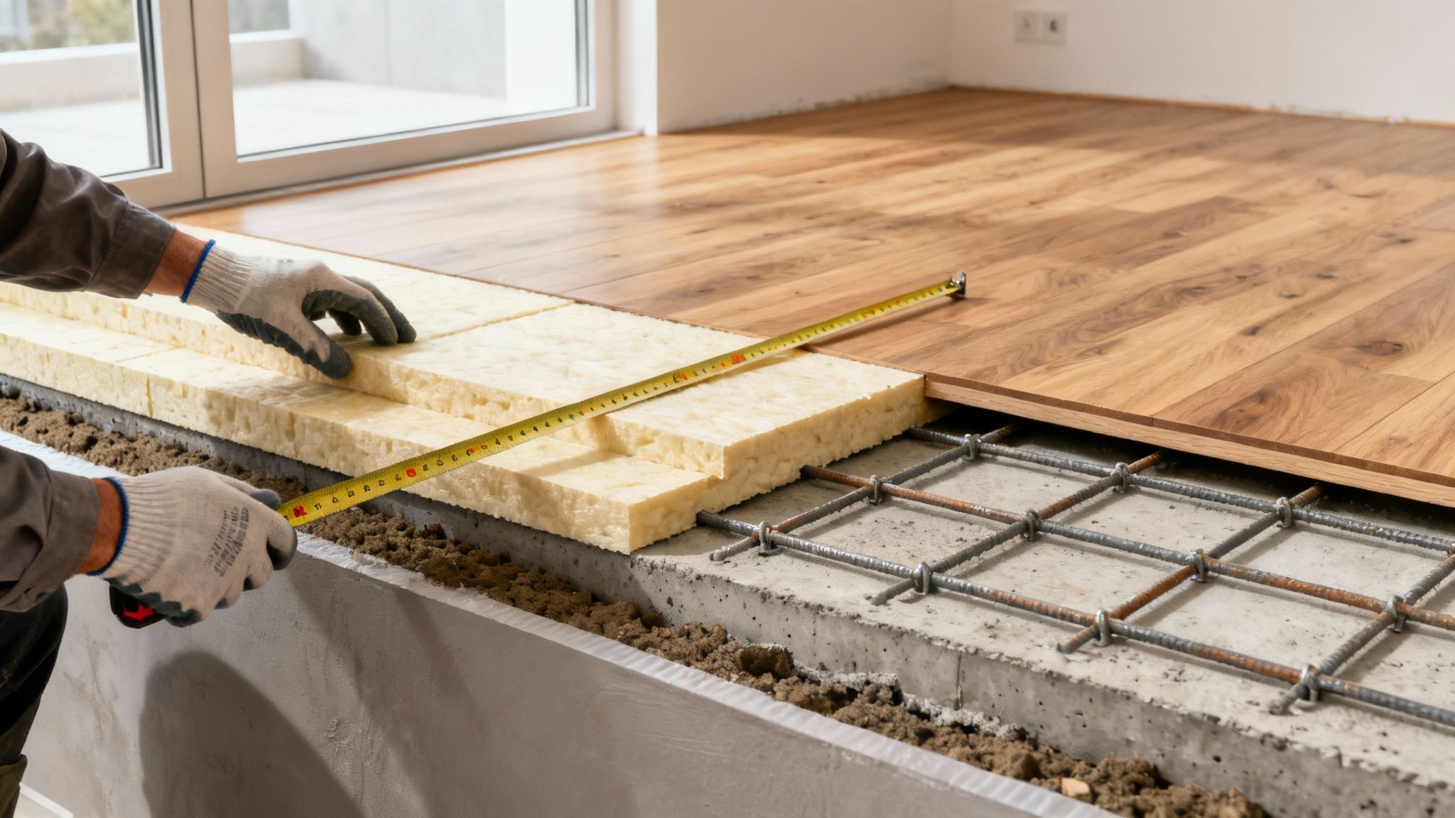En håndværker måler isolering til et gulv med træplanker og betonunderlag under opbygning.
