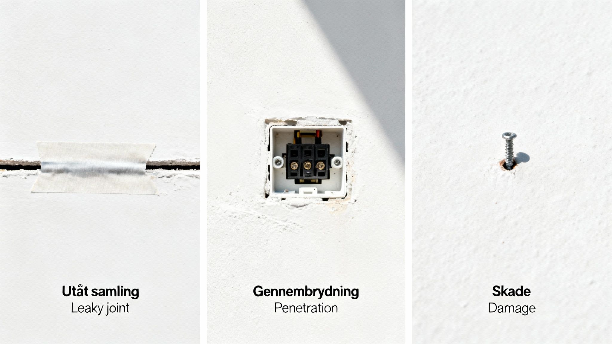 Tre billeder illustrerer almindelige skader på en væg: en utæt samling, en gennembrydning og skade fra en skrue.