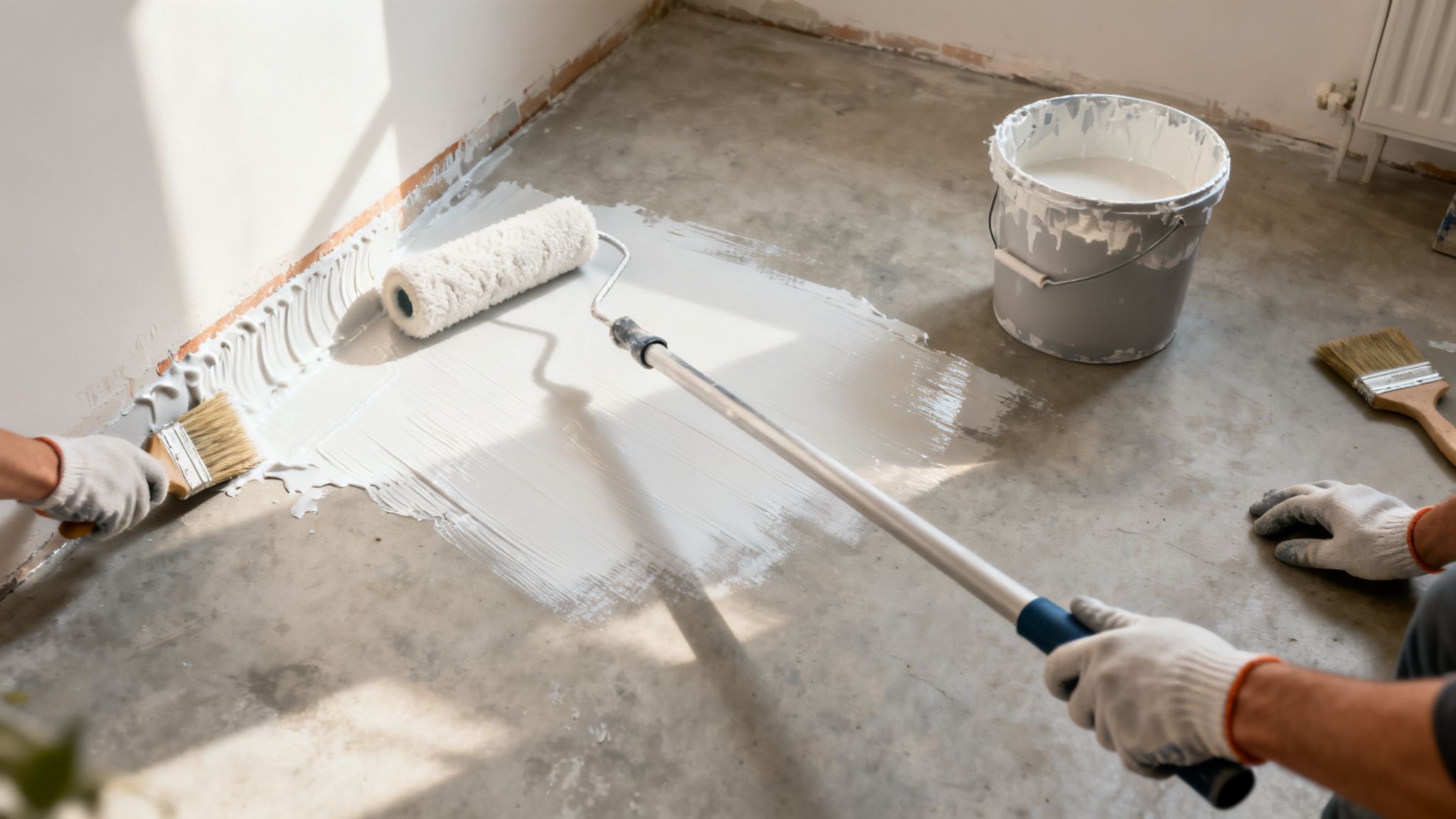 To personer påfører hvid primer på et betongulv med pensel og malerrulle. En spand maling står ved siden af.