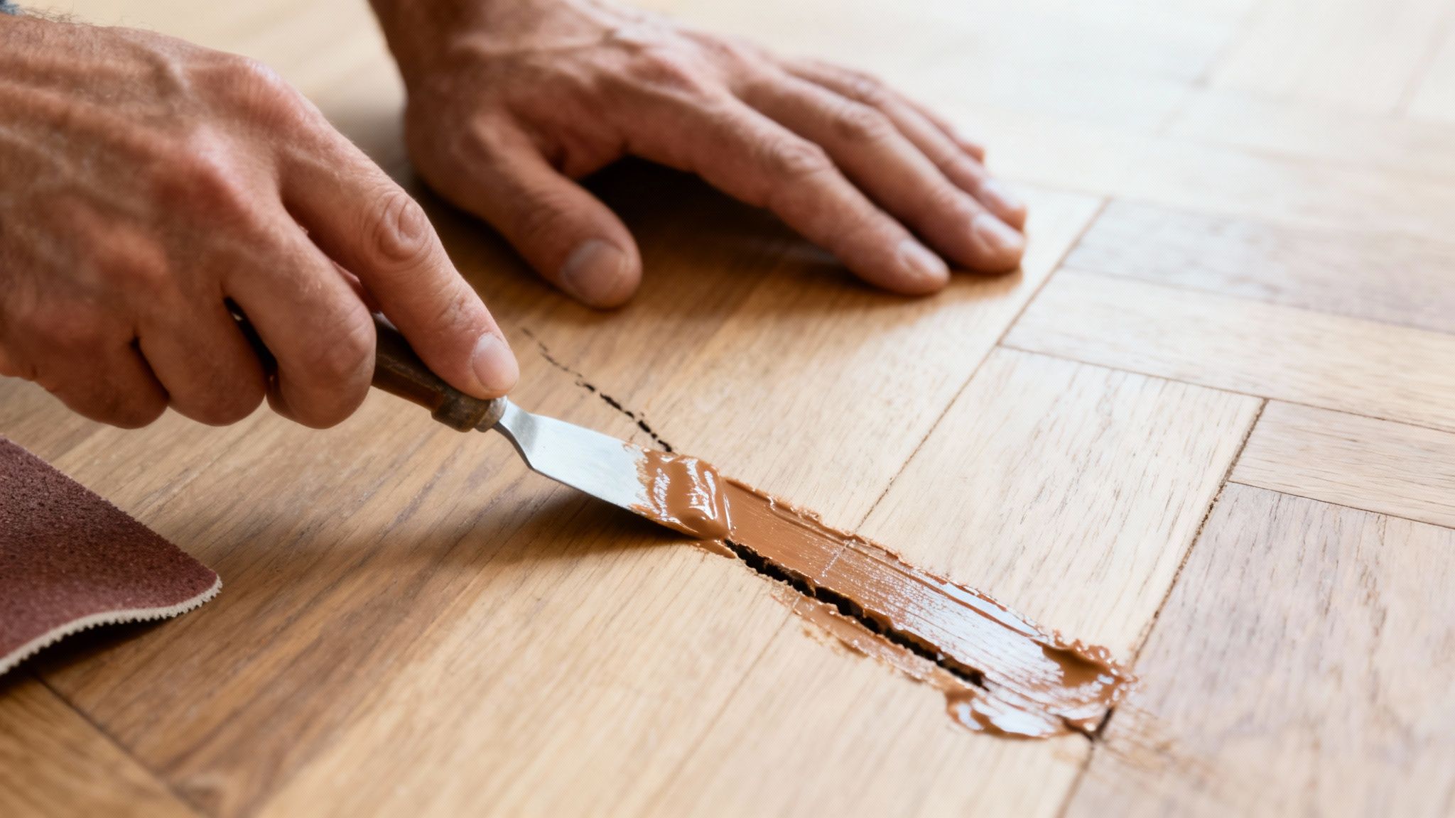 Hænder reparerer en revne i et trægulv med træfyldemiddel og spartel. Renovering af gulv.