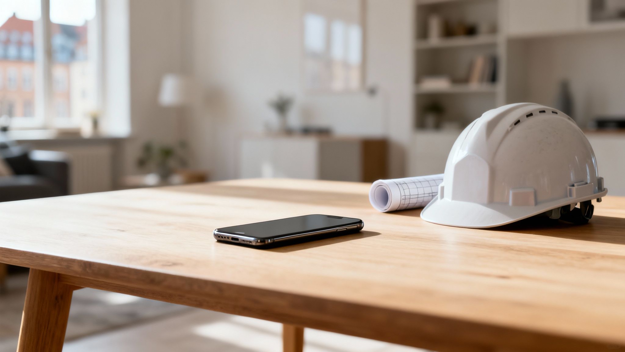 En hvid sikkerhedshjelm, byggeplaner og en smartphone på et træbord i et moderne kontor.
