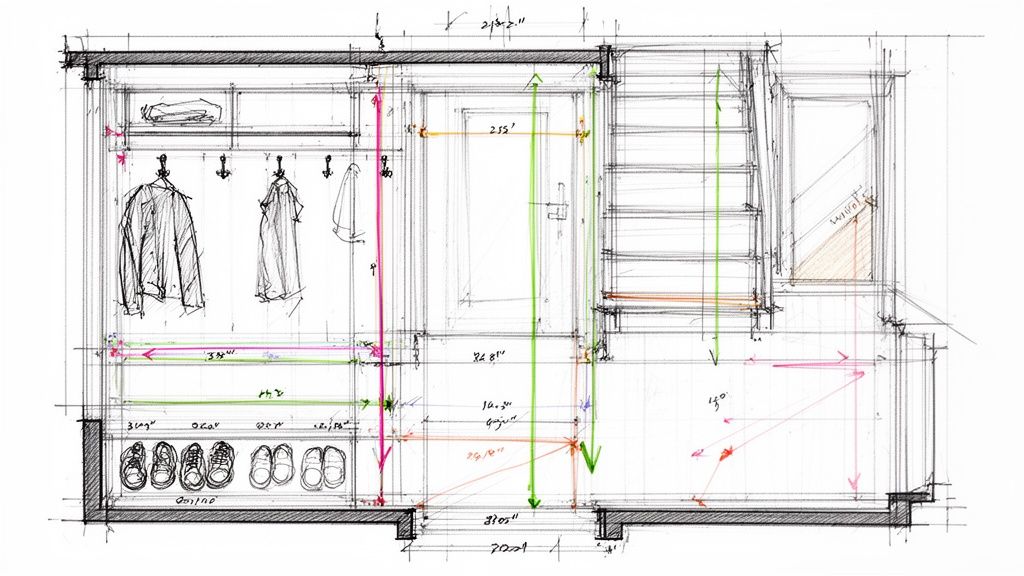 Detaljeret arkitektonisk skitse af entre med indbygget opbevaring, garderobe, skohylder og dør. Inkluderer mål.