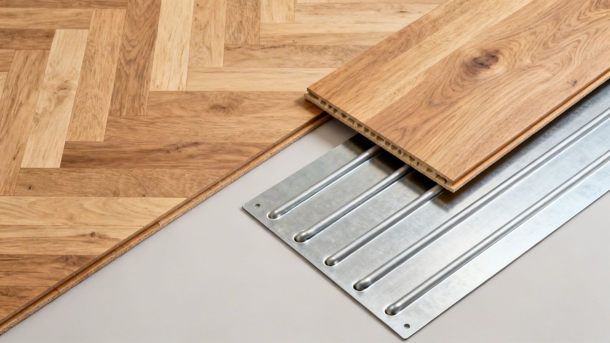 Installation af trægulv med gulvvarme. Parketgulvbrædder lægges over metalplader til gulvvarme.