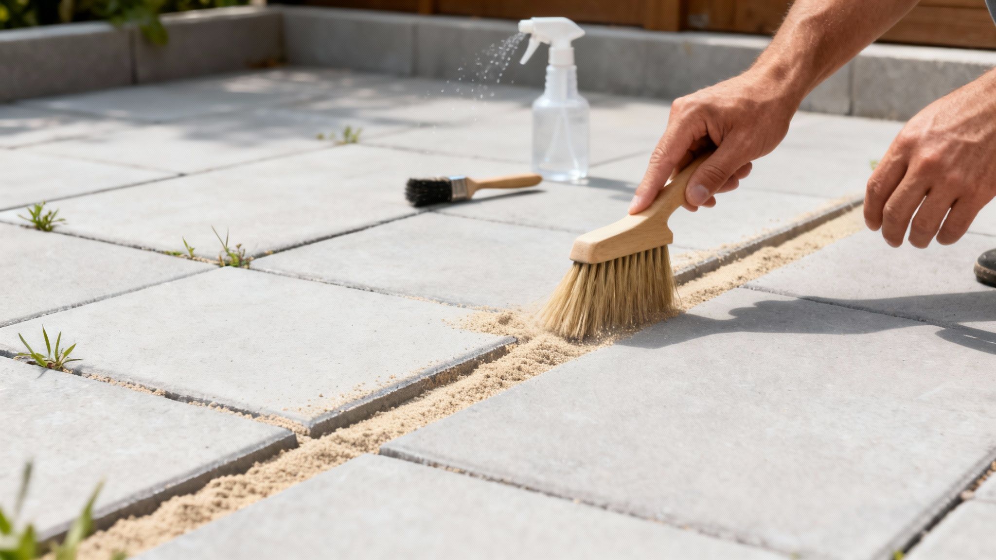 En person fejer sand ned i fugerne mellem grå terrassefliser. En sprayflaske og en børste ses i baggrunden.