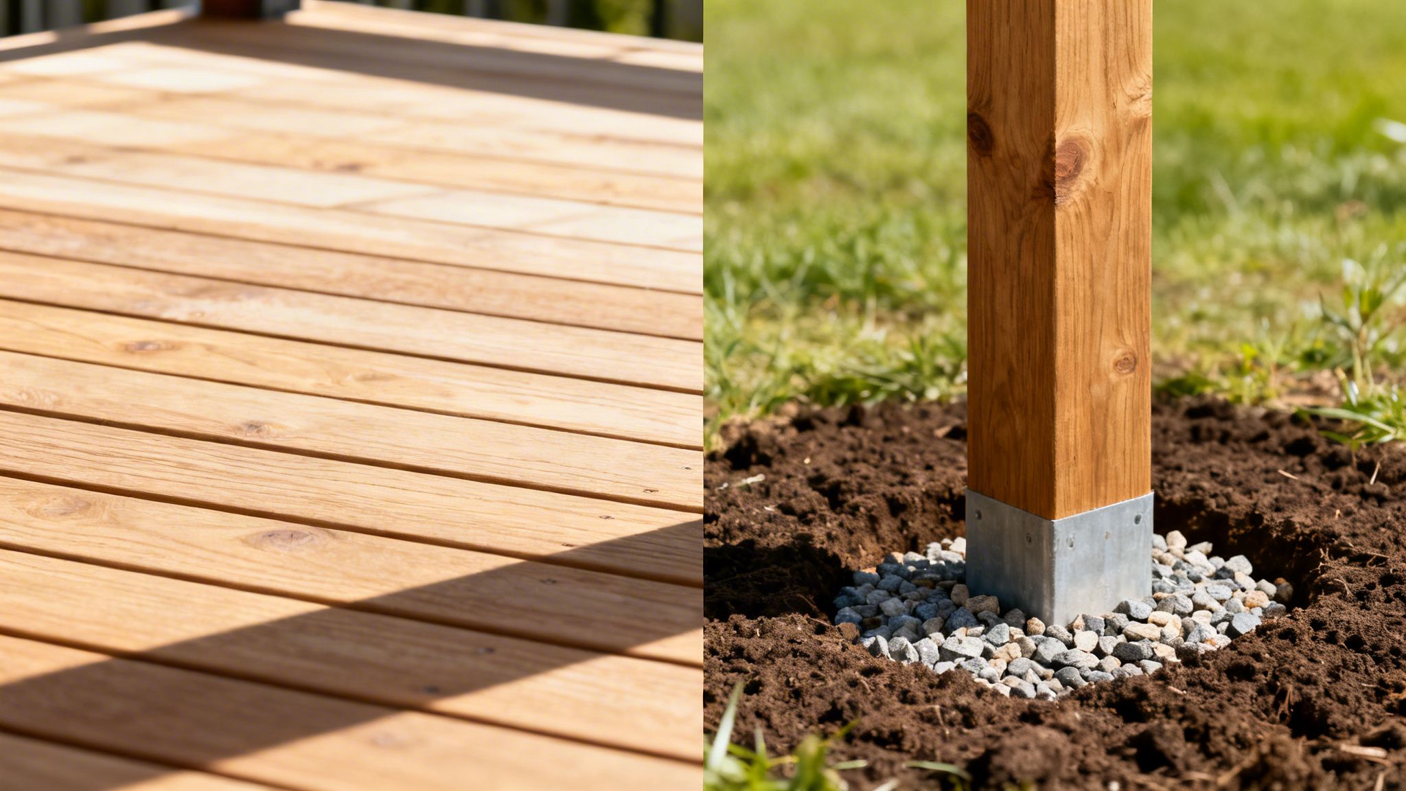 En terrasse med lyse træbrædder i sollys og skygge, ved siden af en træstolpe i metalbeslag omgivet af grus og jord.