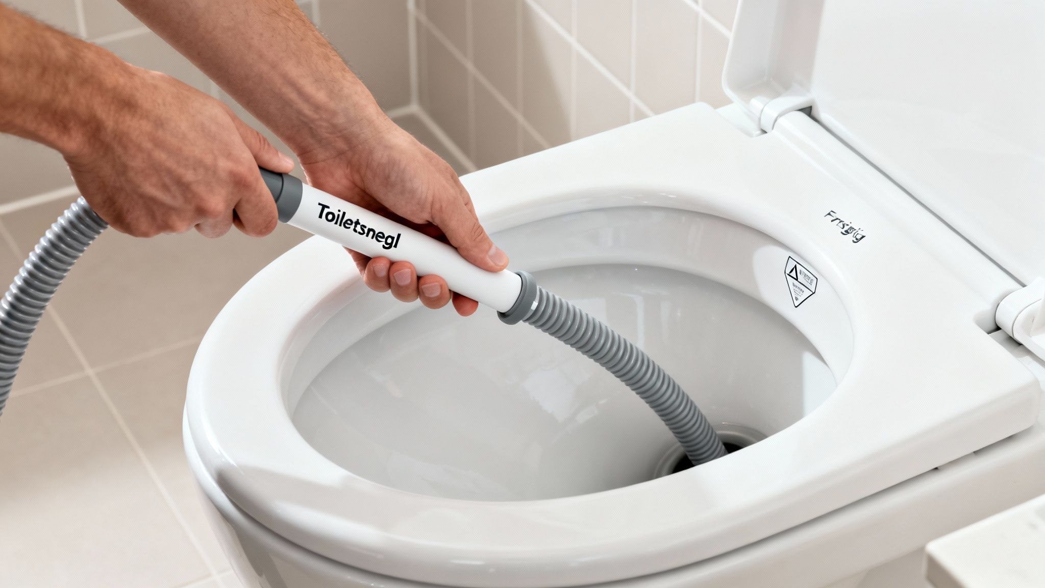 En person bruger en grå og hvid toiletsnegl til at rense et stoppet toilet. Værktøjet dyppes ned i toiletskålen.